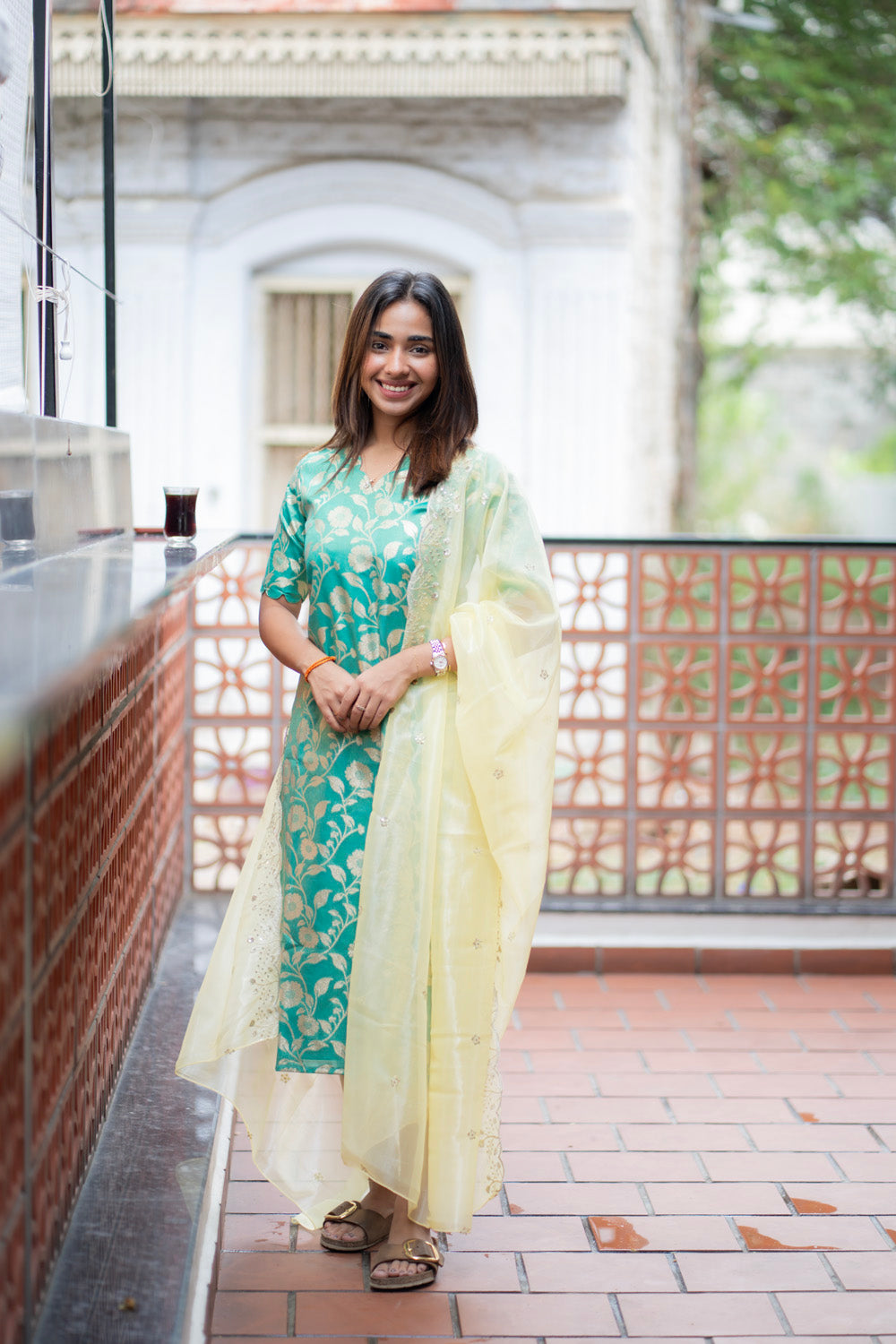 AA285 Turquoise Blue Brocade Silk Kurti With Yellow Shimmer Designer Dupatta