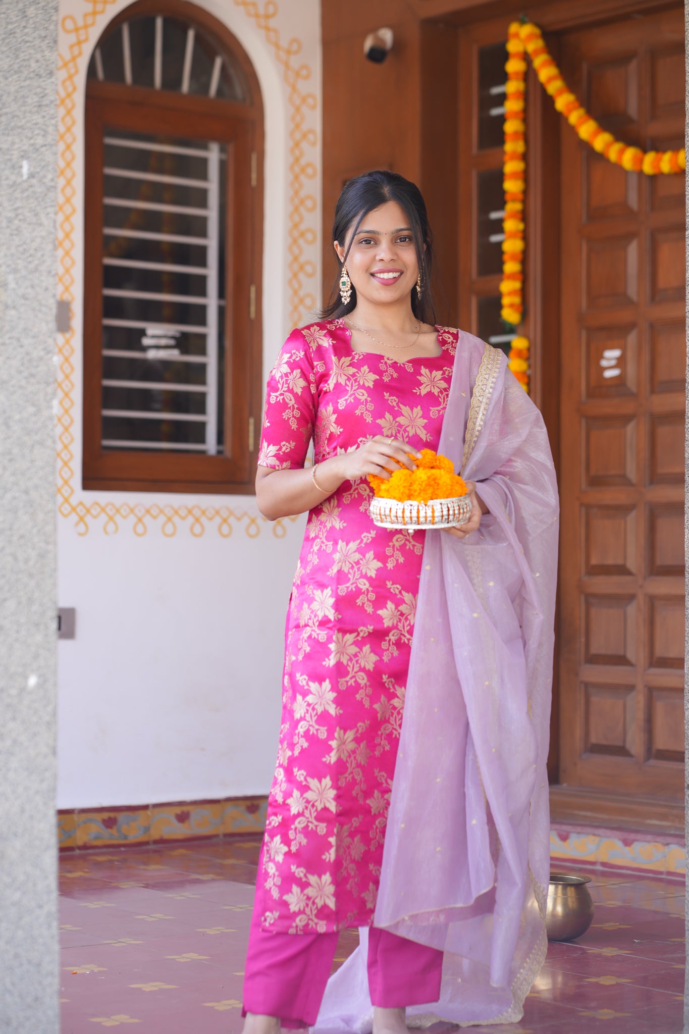 AA155 Bright Pink Brocade Silk Kurti & Pant with Lavender Organza Sequence Dupatta(3 Pc Set)