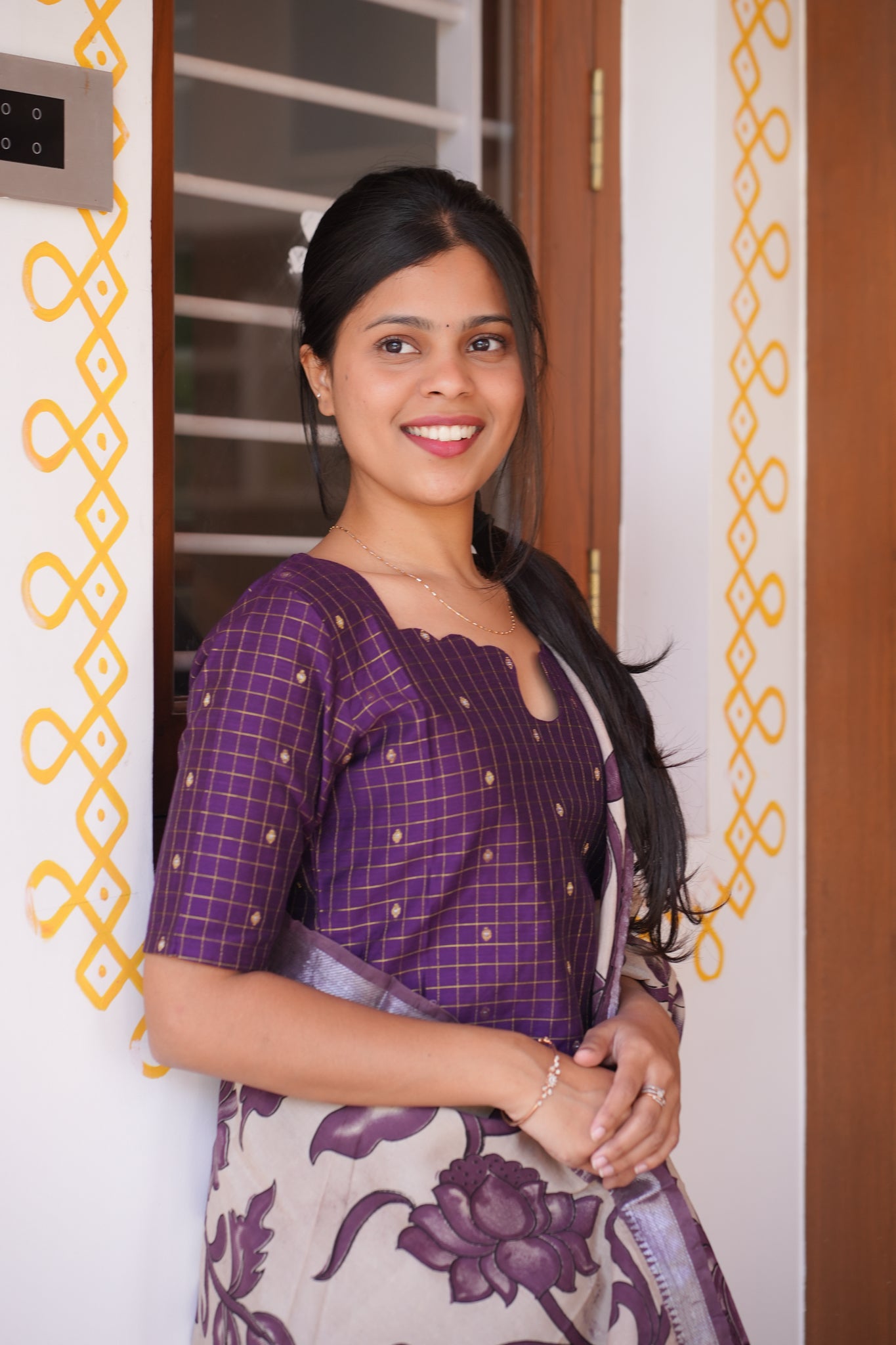 AA164 Violet Raw Silk Kurti with Kalamkari Dupatta