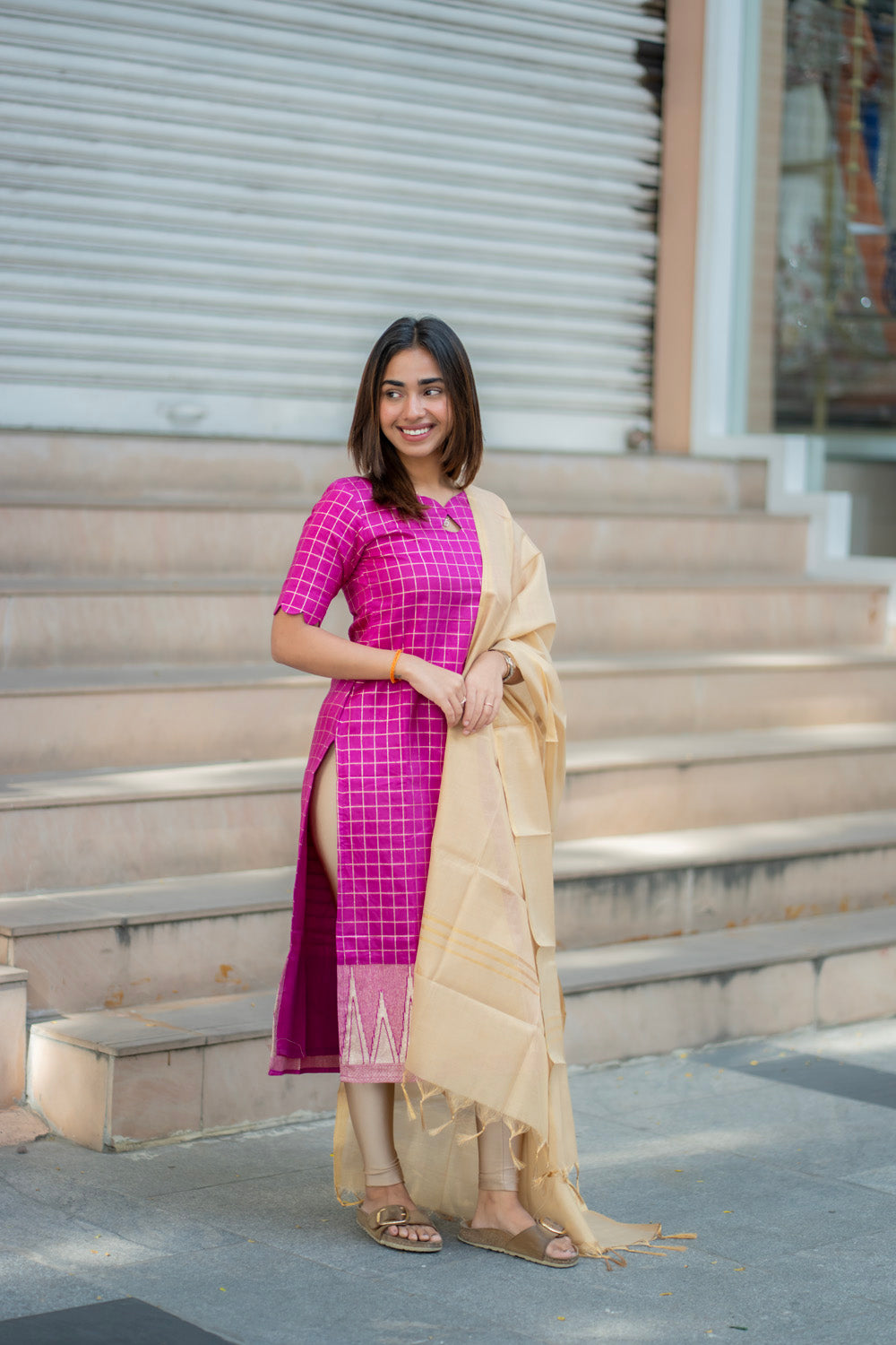 AA278 Magenta Pink Checks with Temple Border Dolla Silk Kurti with Golden Tissue Silk Dupatta