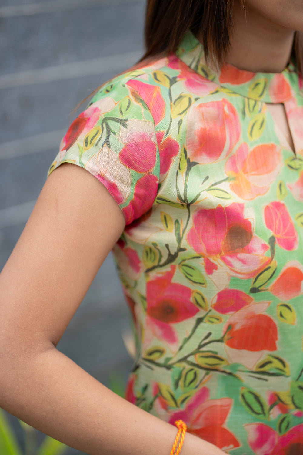 AA283  Green With Pink Floral Shimmer Silk Aline Kurti