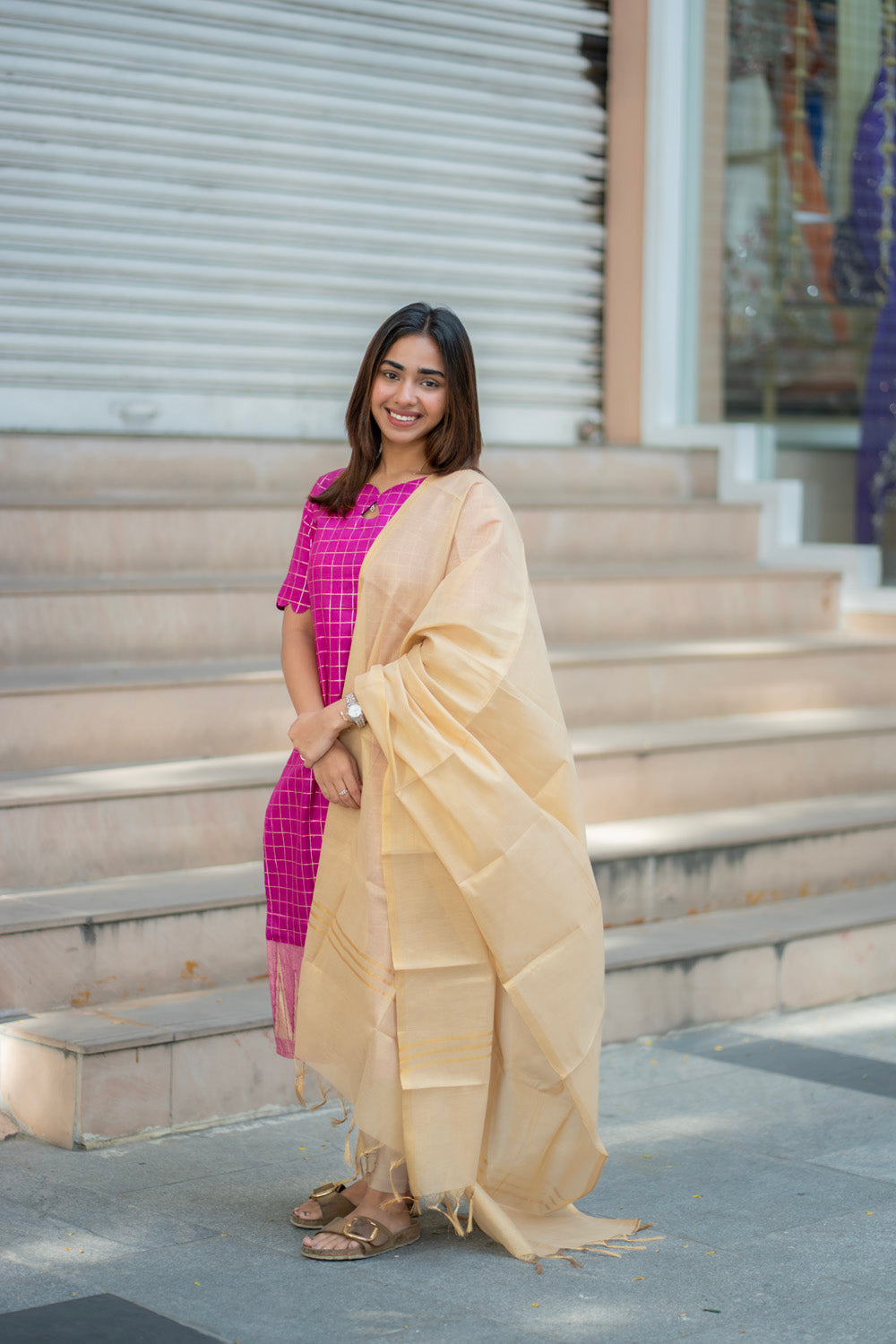 AA278 Magenta Pink Checks with Temple Border Dolla Silk Kurti with Golden Tissue Silk Dupatta