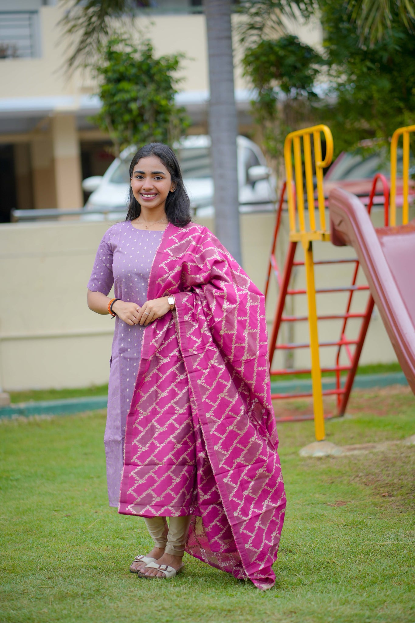 AA112 Lavender Raw Silk Kurti with Pink Brocade Dupatta