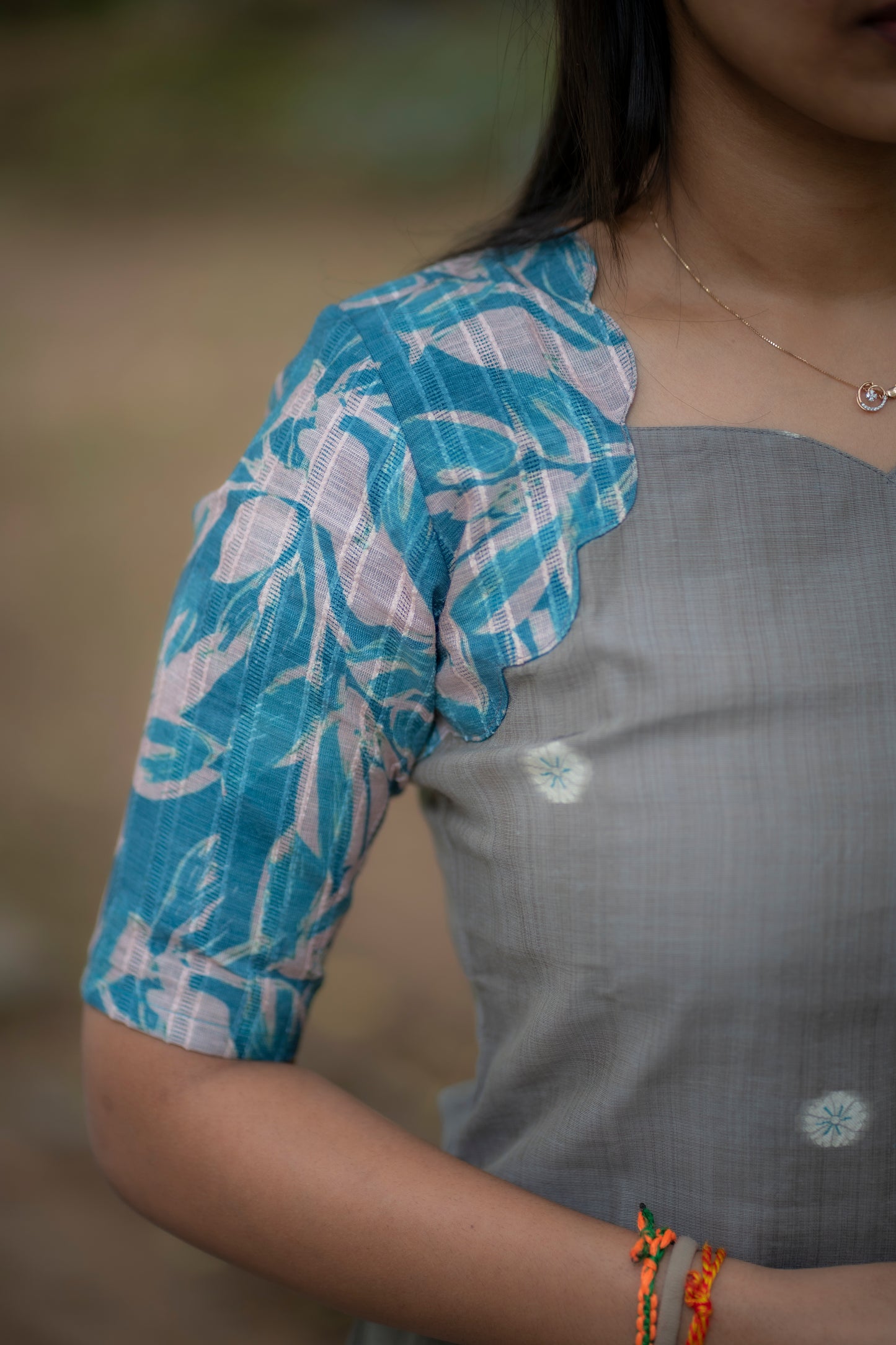 AA072 Grey Raw Silk Top with Peacock Blue Dupatta