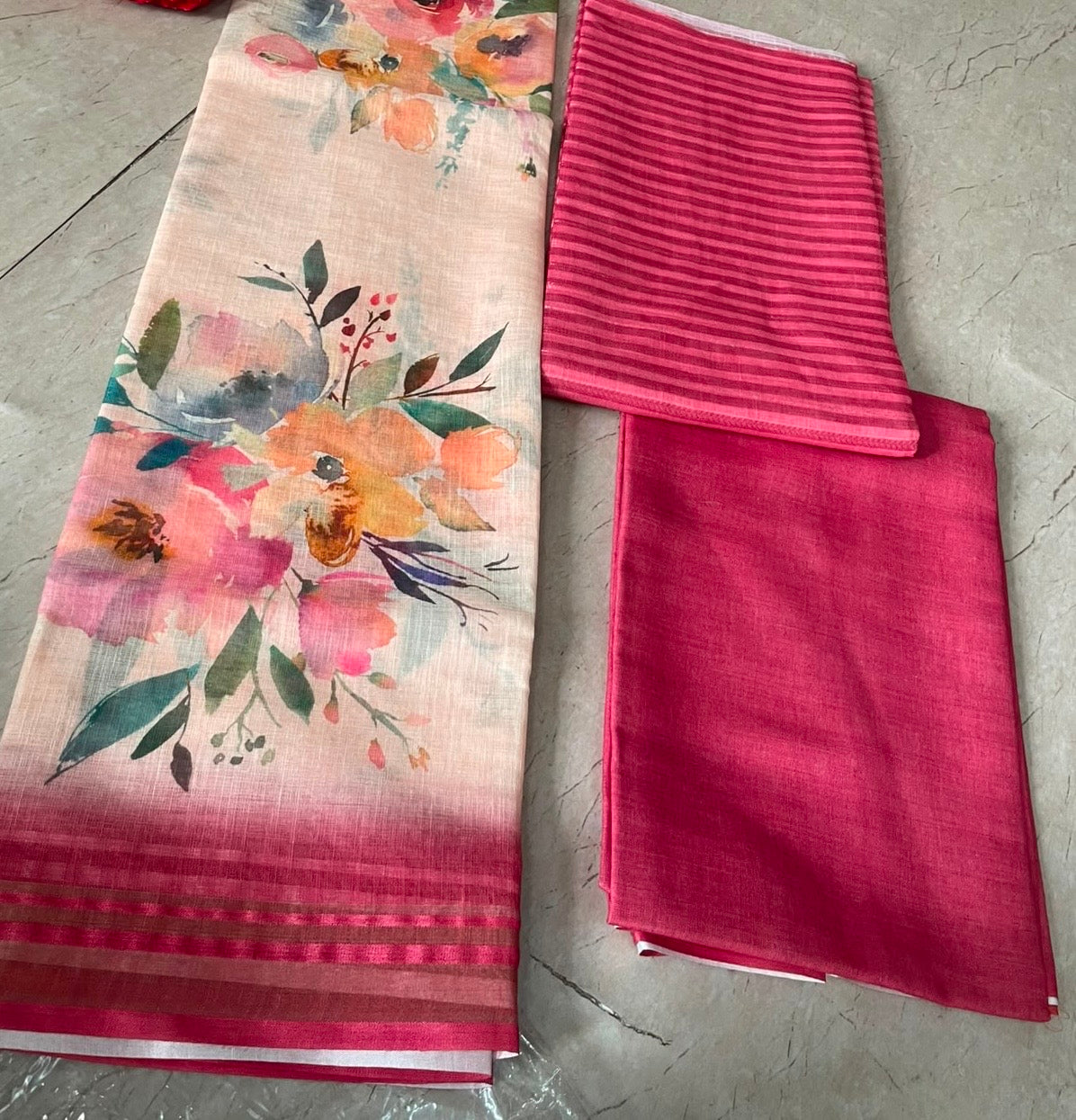 Red semi Tussar Salwar material with floral Dupatta