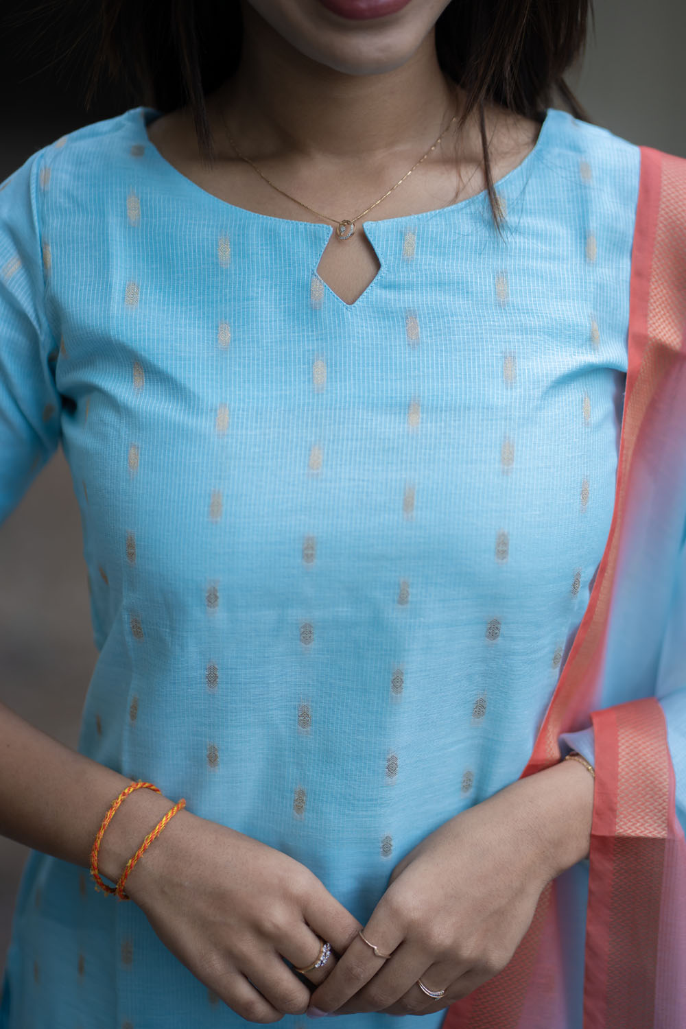 AA254 Blue with Golden motifs & Floral Print Kota Cotton Salwar Set