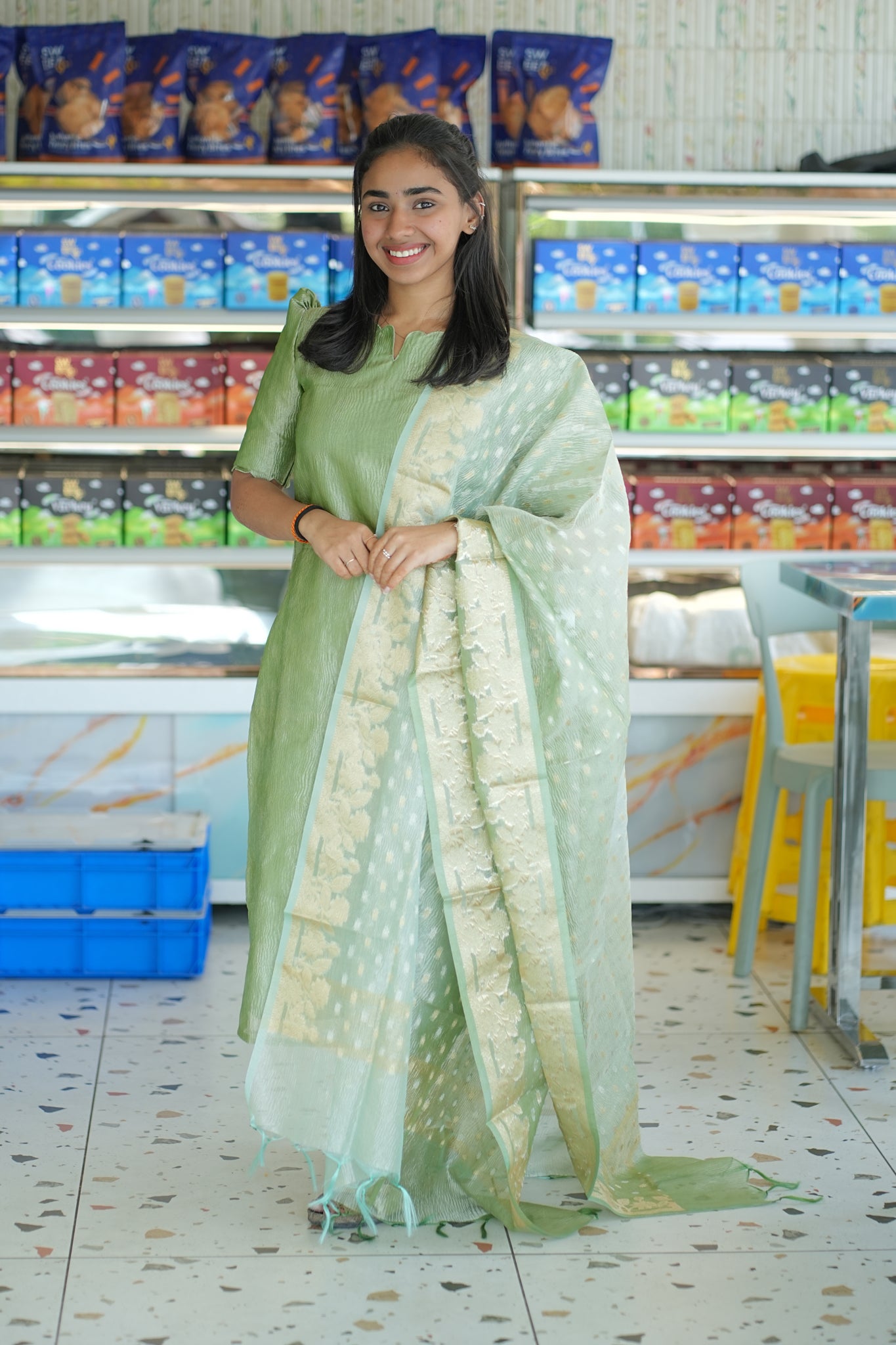 AA135 Pista Green Crush Silk Kurti with Dupatta