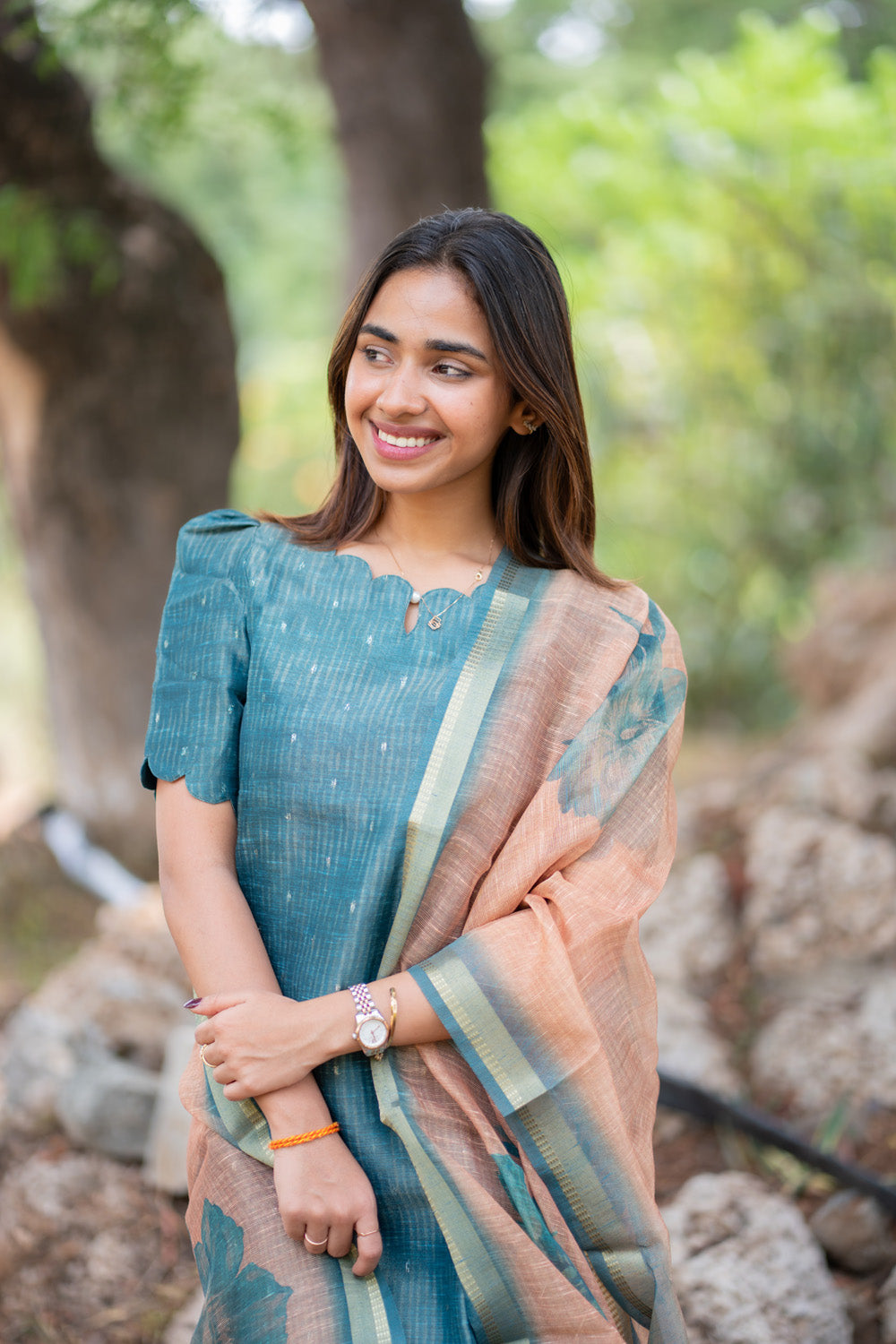 AA297 Teal Blue Chanderi Tissue Silk With Stripes & Golden Motifs Kurti with Dupatta