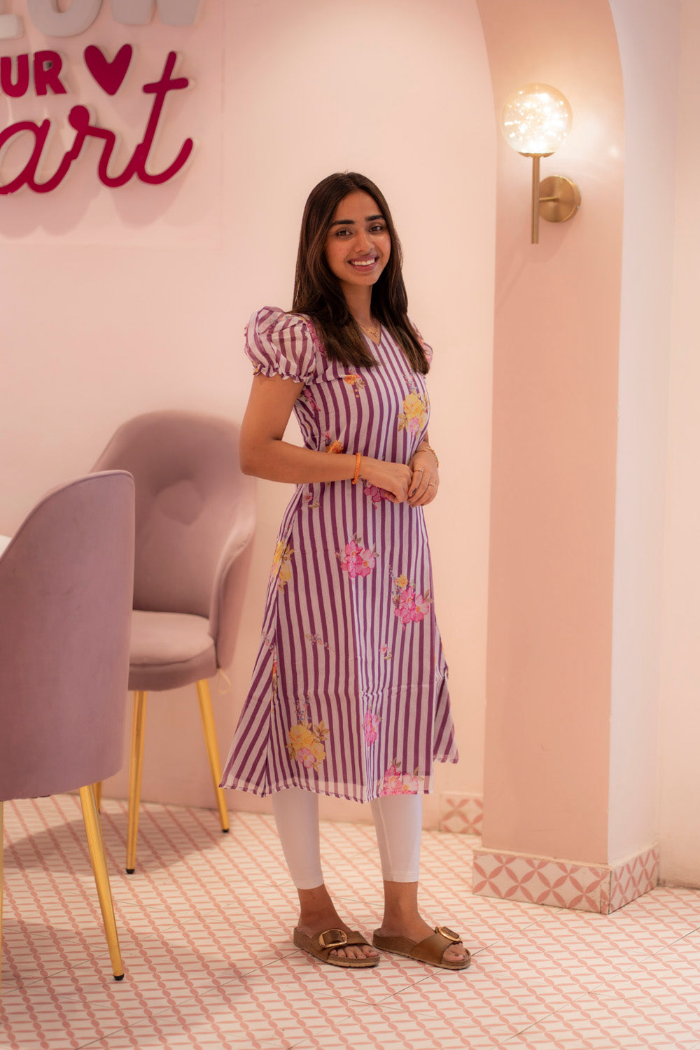 AA225 Lavender Mul Chanderi Lines Flower print Aline Kurti
