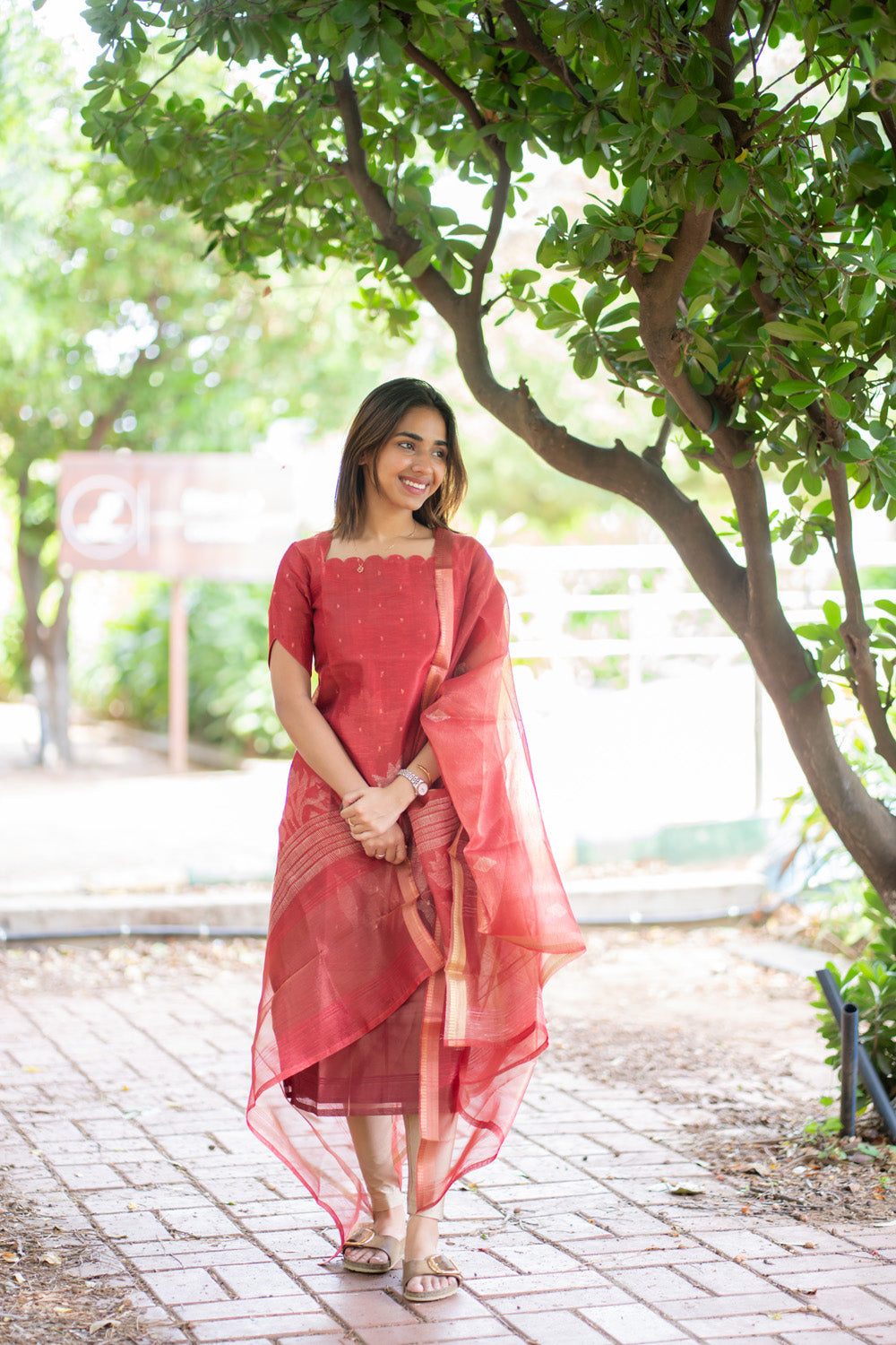 AA296 Red Chanderi Tissue Silk With Golden Motifs Kurti with Dupatta