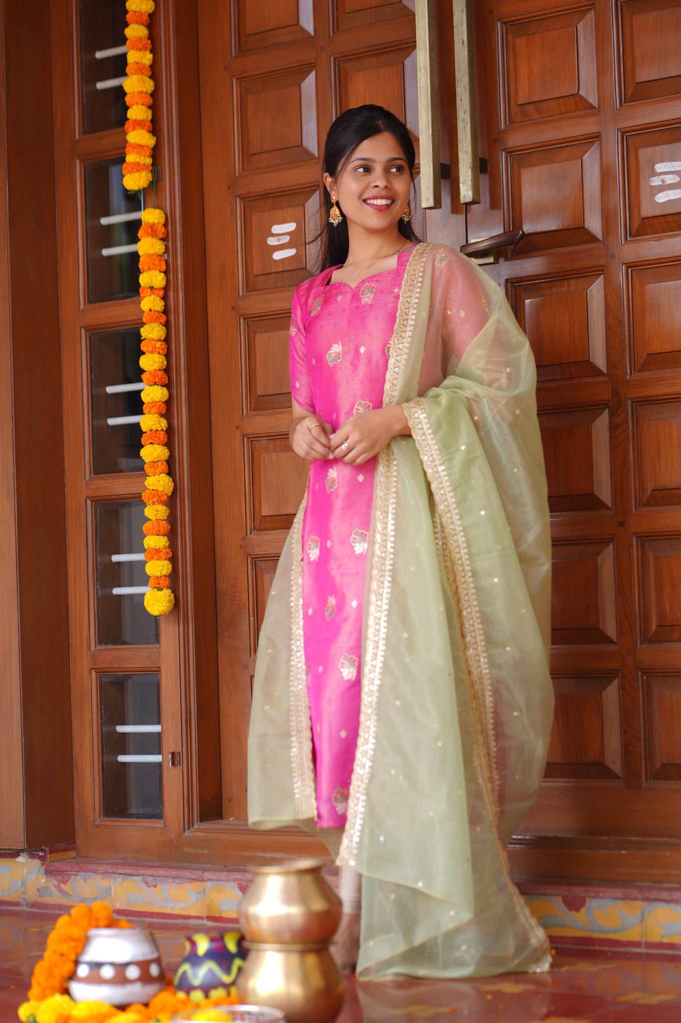 AA163 Pink Shimmer Silk A line Kurti with Pastel Green Organza Dupatta