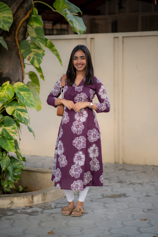 AA173 Wine Floral Cotton Aline kurti