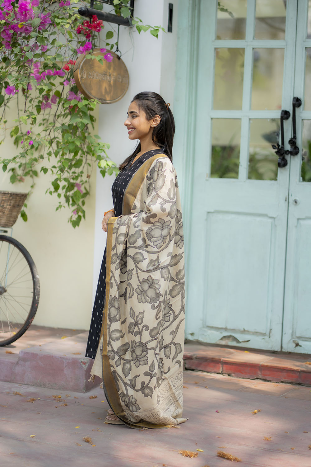 AA205 Black Raw Silk Kurti with Kalmkari Dupatta