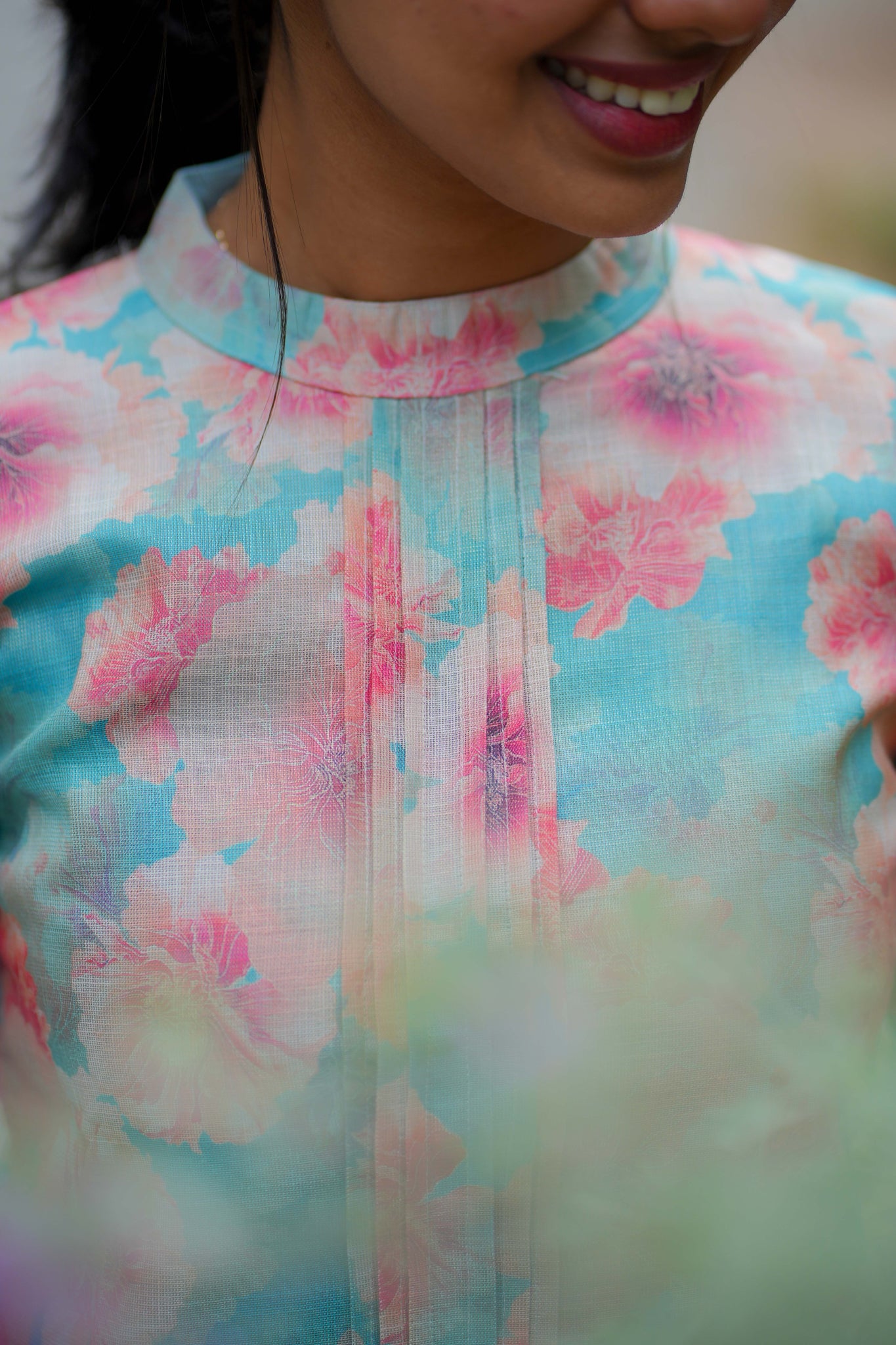 AA116 Blue Floral Linen Silk Kurti