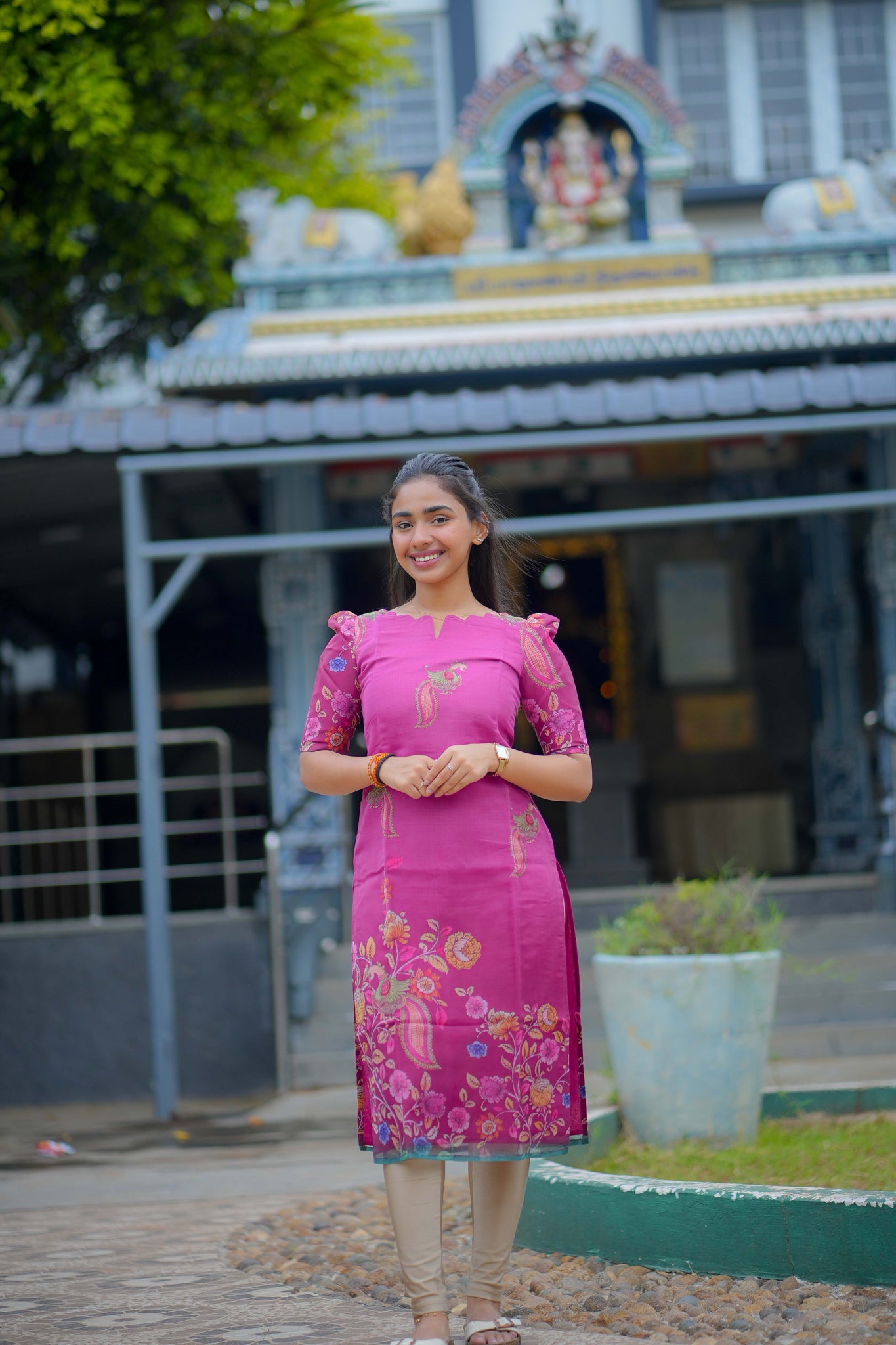 AA112 Pink Floral Peacock Organza Kurti