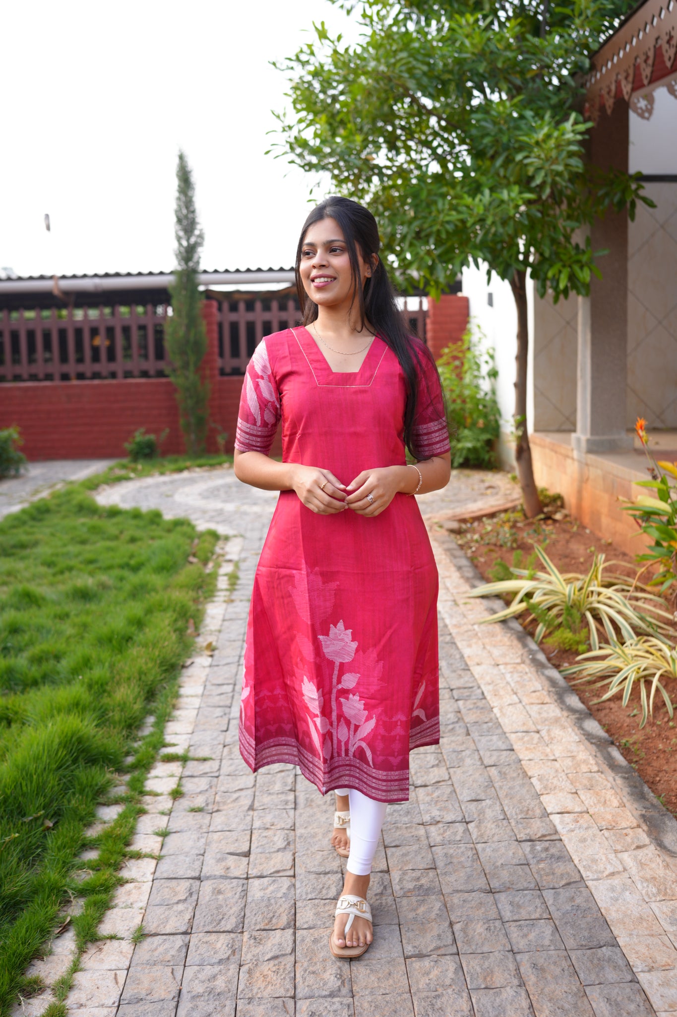 AA175  Cherry Red Ho Silk Aline kurti