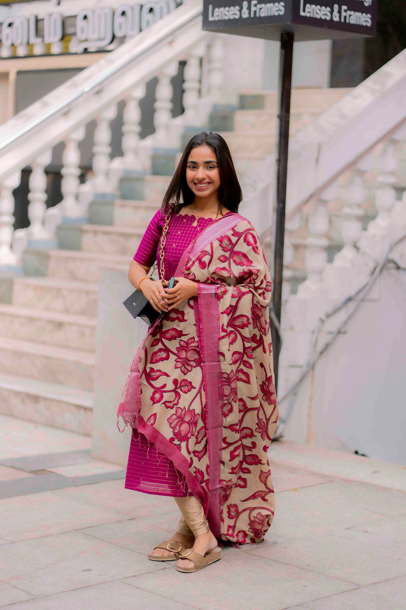 AA198 Dark Pink Raw Silk Kurti with Kalmkari Dupatta