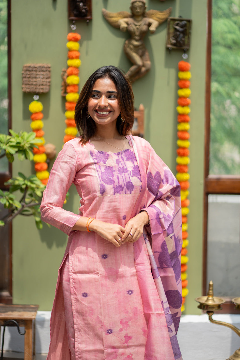 Pink with Purple Combo Swan & Pichwai Print Jamdhani Silk Salwar Set