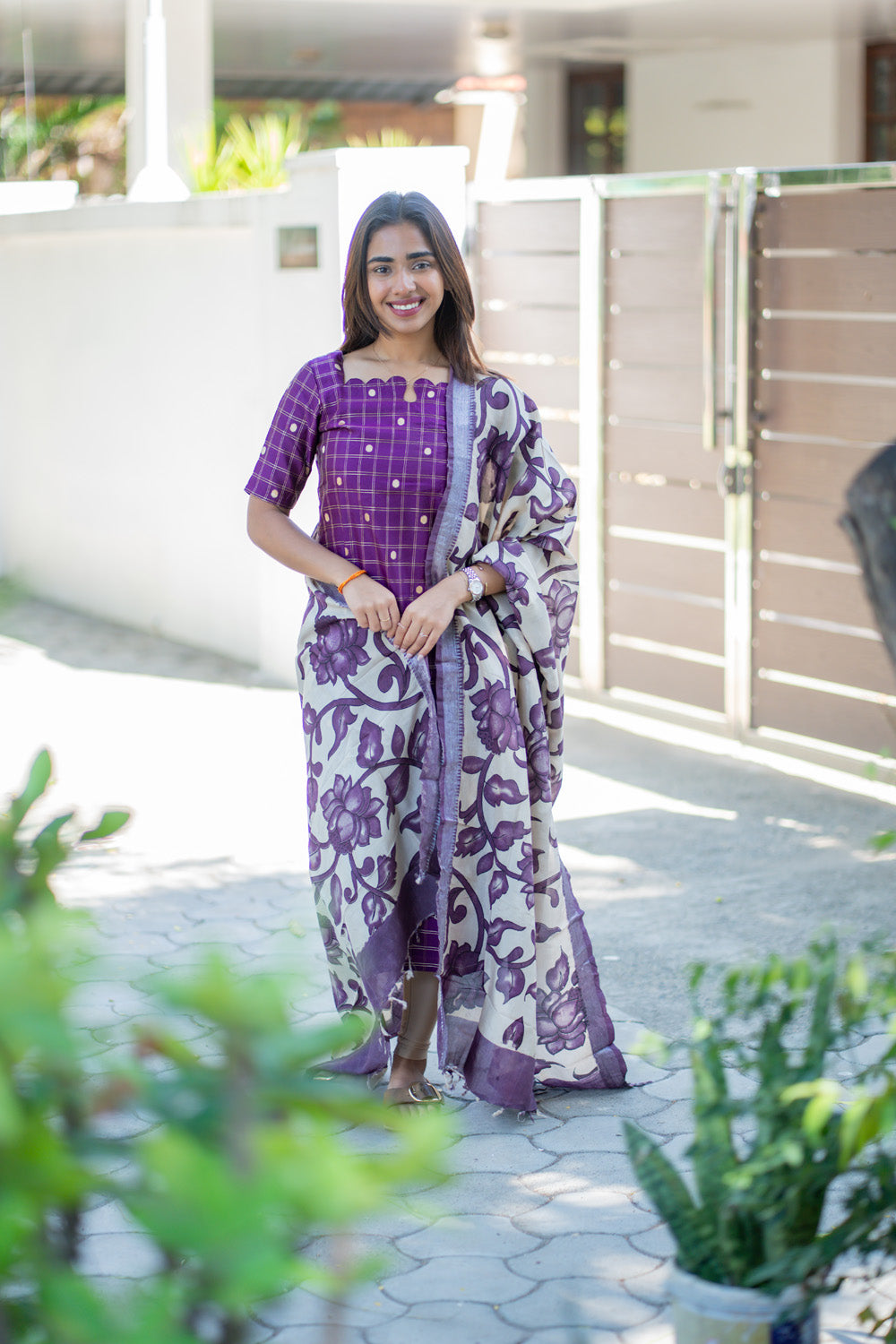 AA268 Purple Checks Raw Silk Kurti with Kalmkari Dupatta