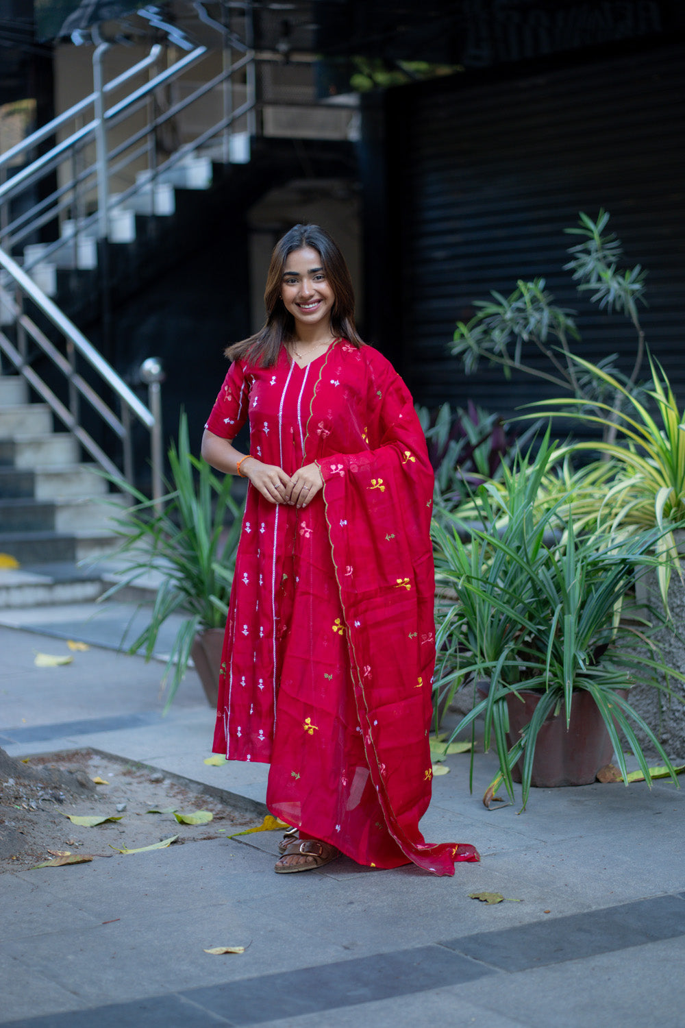 AA267 Dark Red Mul Chanderi Floral Salwar Set