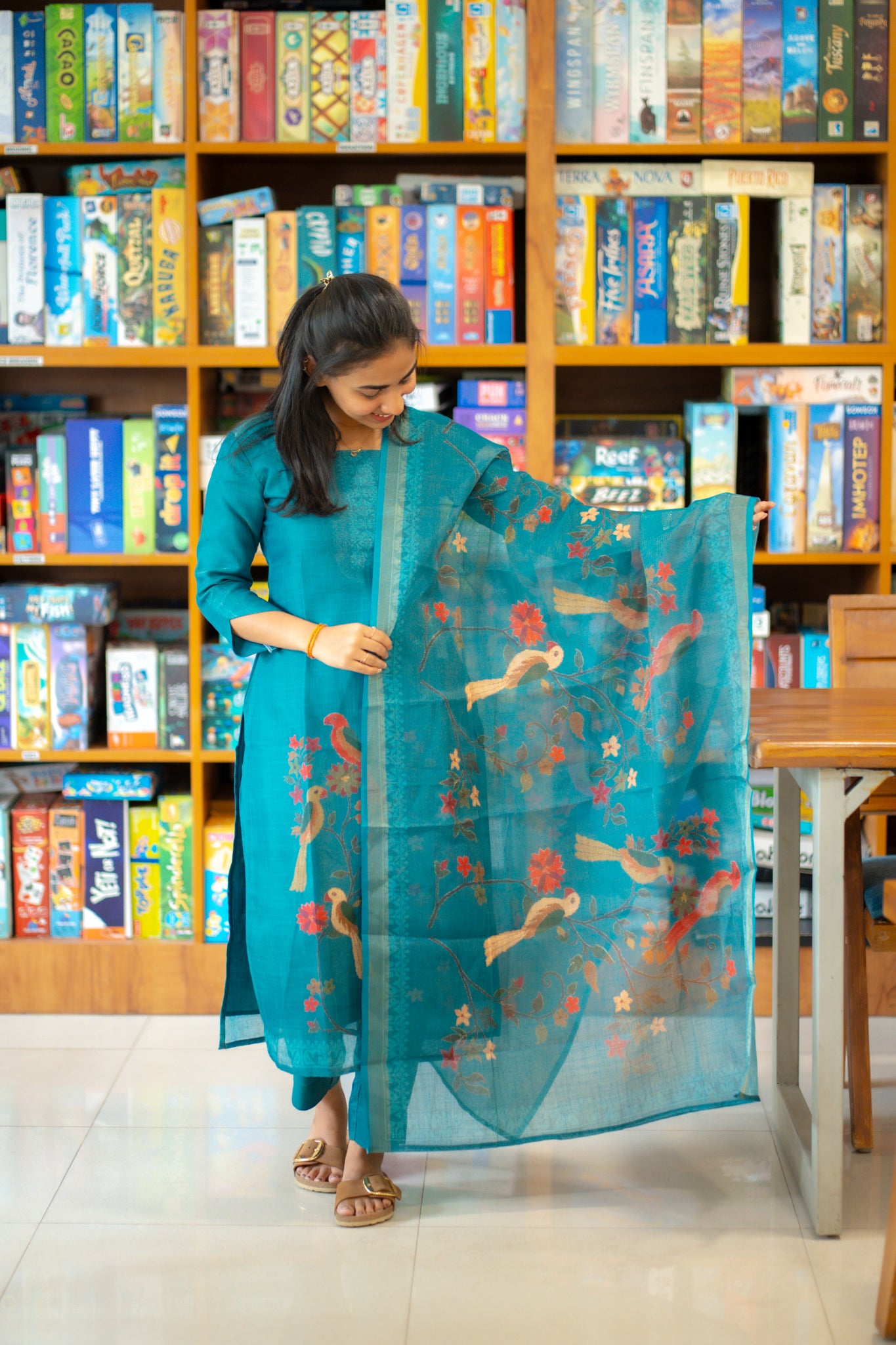 AA146 Peacock Blue Handloom Tissue Silk 3 pc Set(Parrot Design)