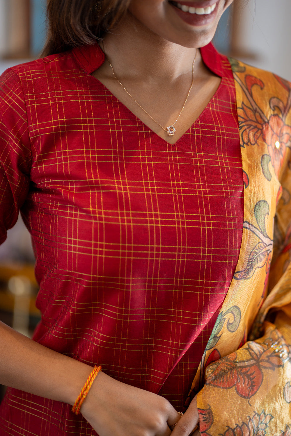 AA308 Red Triple Checks Pure Raw Silk Kurti & pant with Yellow Crush silk Organza Dupatta with Mirror work & floral Penkalamkari prints