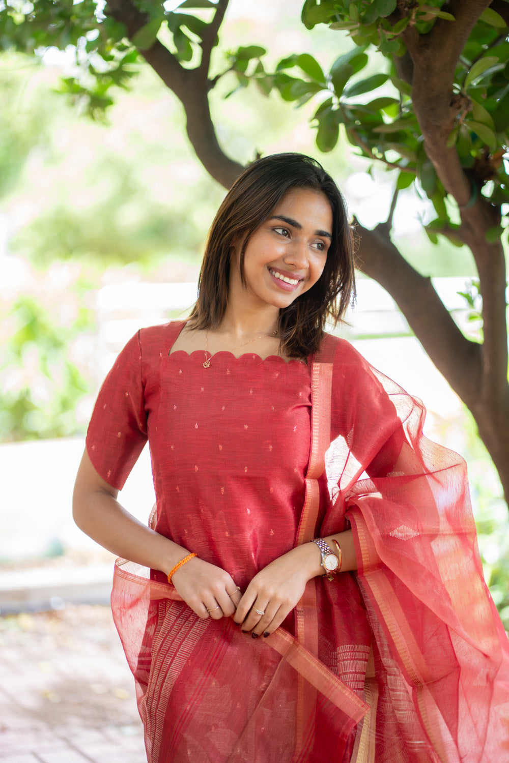 AA296 Red Chanderi Tissue Silk With Golden Motifs Kurti with Dupatta