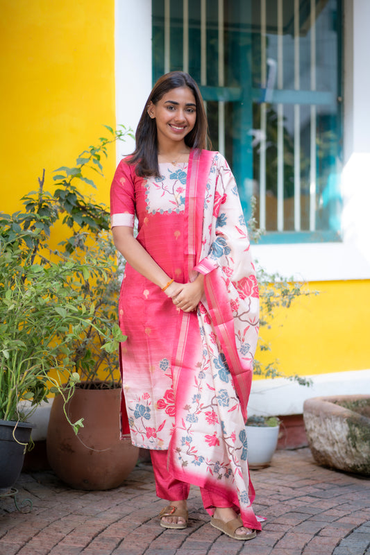 AA165 Red with Peach Floral Kollam Silk 3 Pc Set