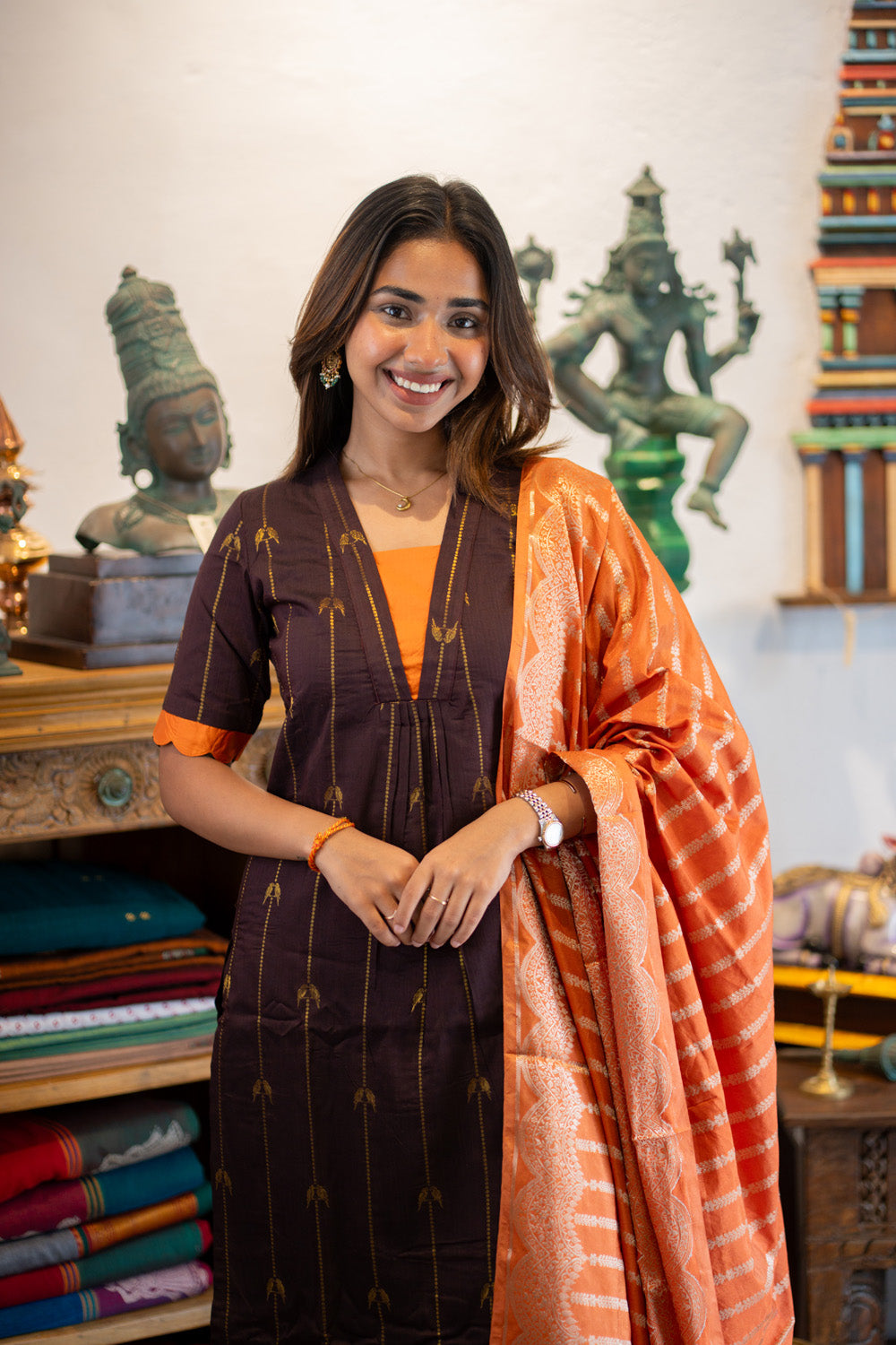 Brown Parrot Print Raw Silk Kurti & Pant  with Orange Jacquard  Silk Dupatta (Neck & Sleeve Patched with Orange Silk Fabric)