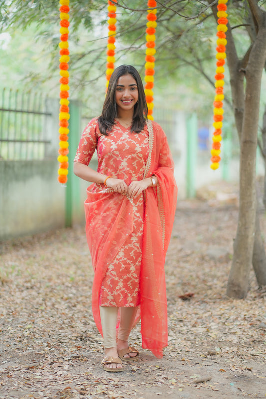 AA157 Red with Golden Floral Zari Weaving Tissue Silk Kurti with Organza Sequence Dupatta