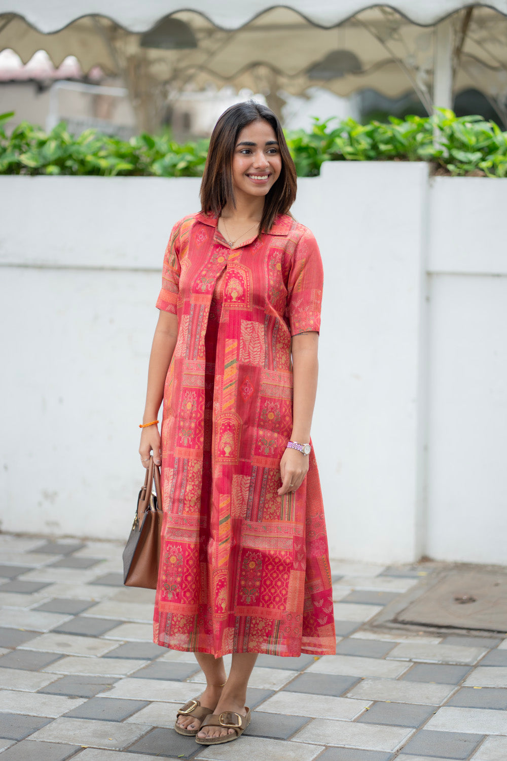 AA288 Coral Red with Multi Prints Shimmer Silk Aline Kurti