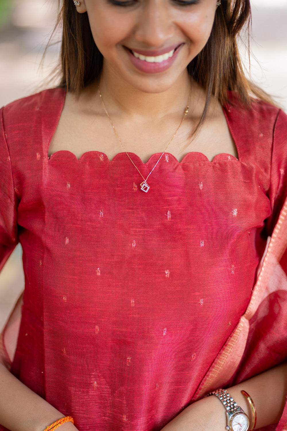 AA296 Red Chanderi Tissue Silk With Golden Motifs Kurti with Dupatta