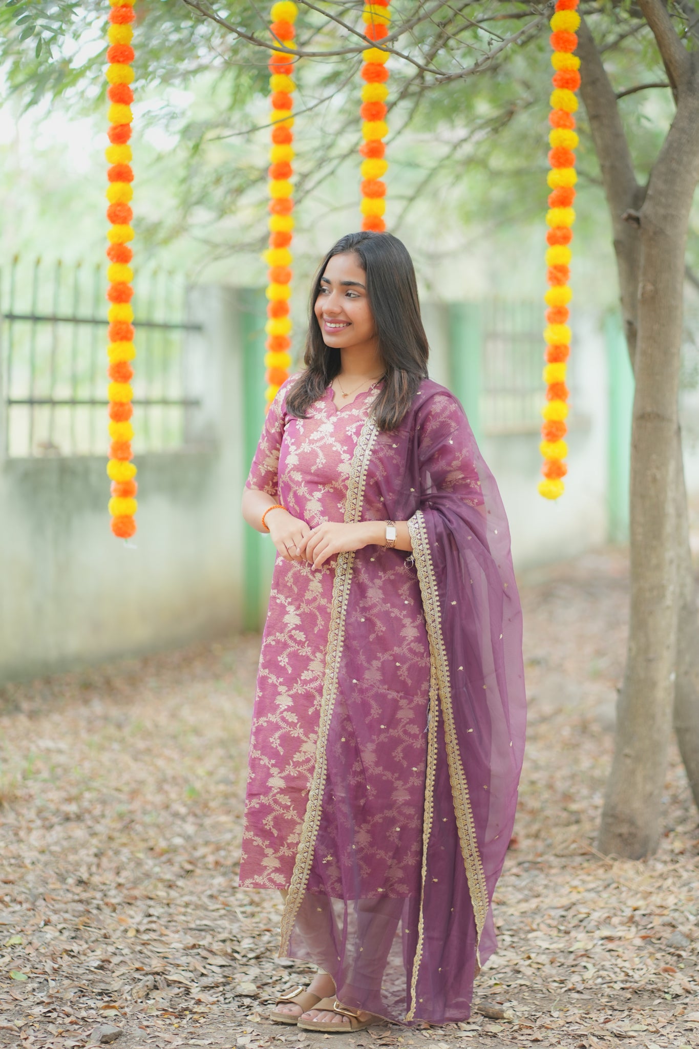 AA162  Wine with Golden Floral Zari Weaving Tissue Silk Kurti with Organza Sequence Dupatta