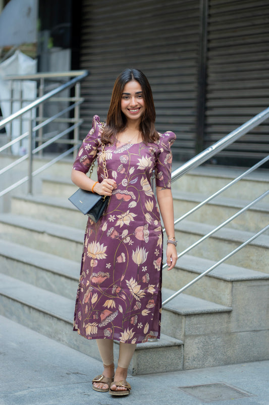 AA272 Wine Muslin Shimmer Floral Kurti