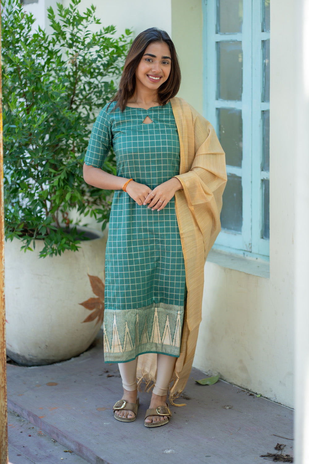 AA266 Bottle Green Checks with Temple Border Dolla Silk Kurti with Golden Tissue Silk Dupatta