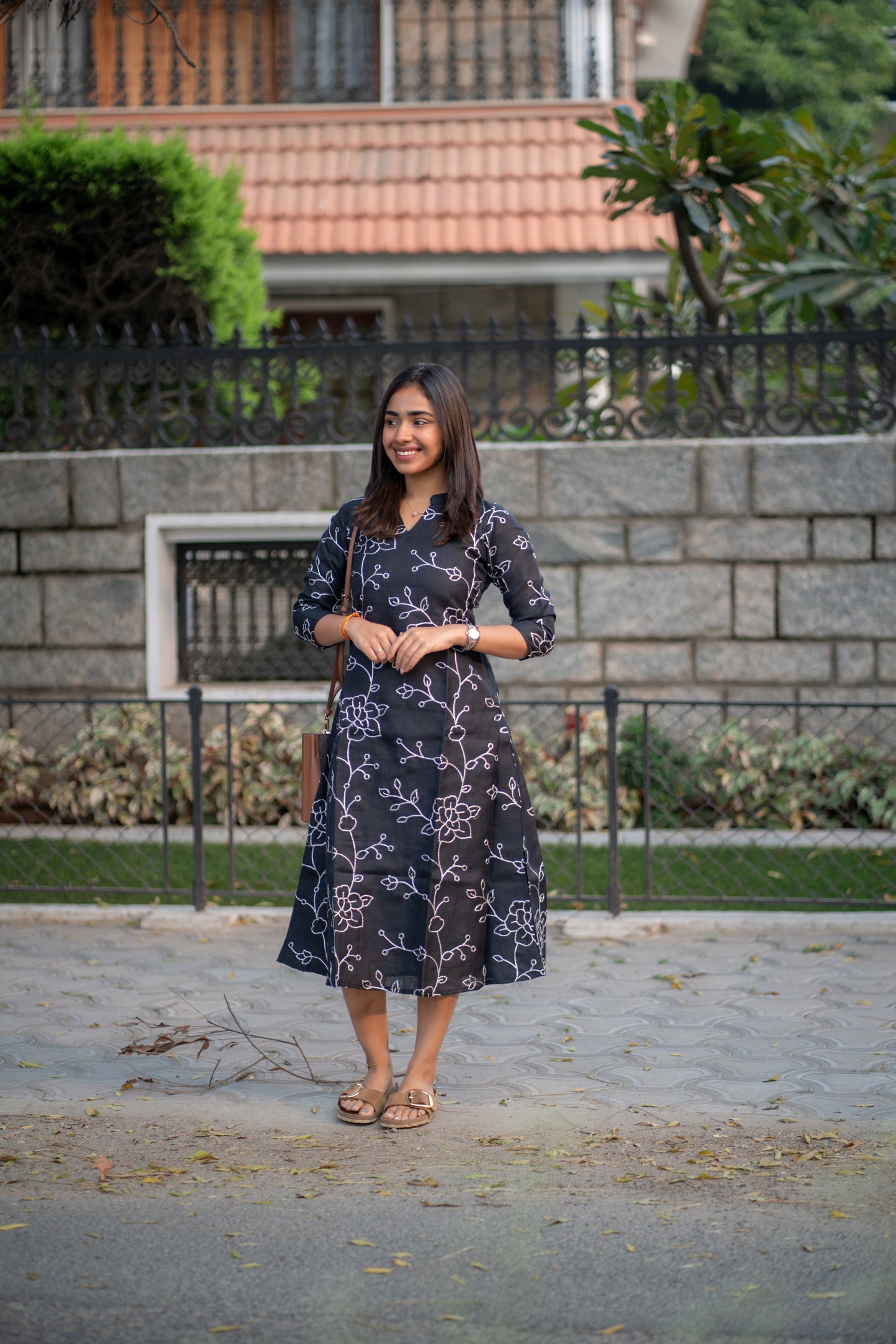 AA168 Black Linen Embroidery Frock