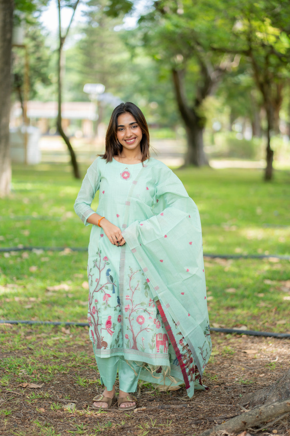 AA293 Blue Linen Jamdhani Salwar Set with beautiful Floral,Elephant,Peacock Prints