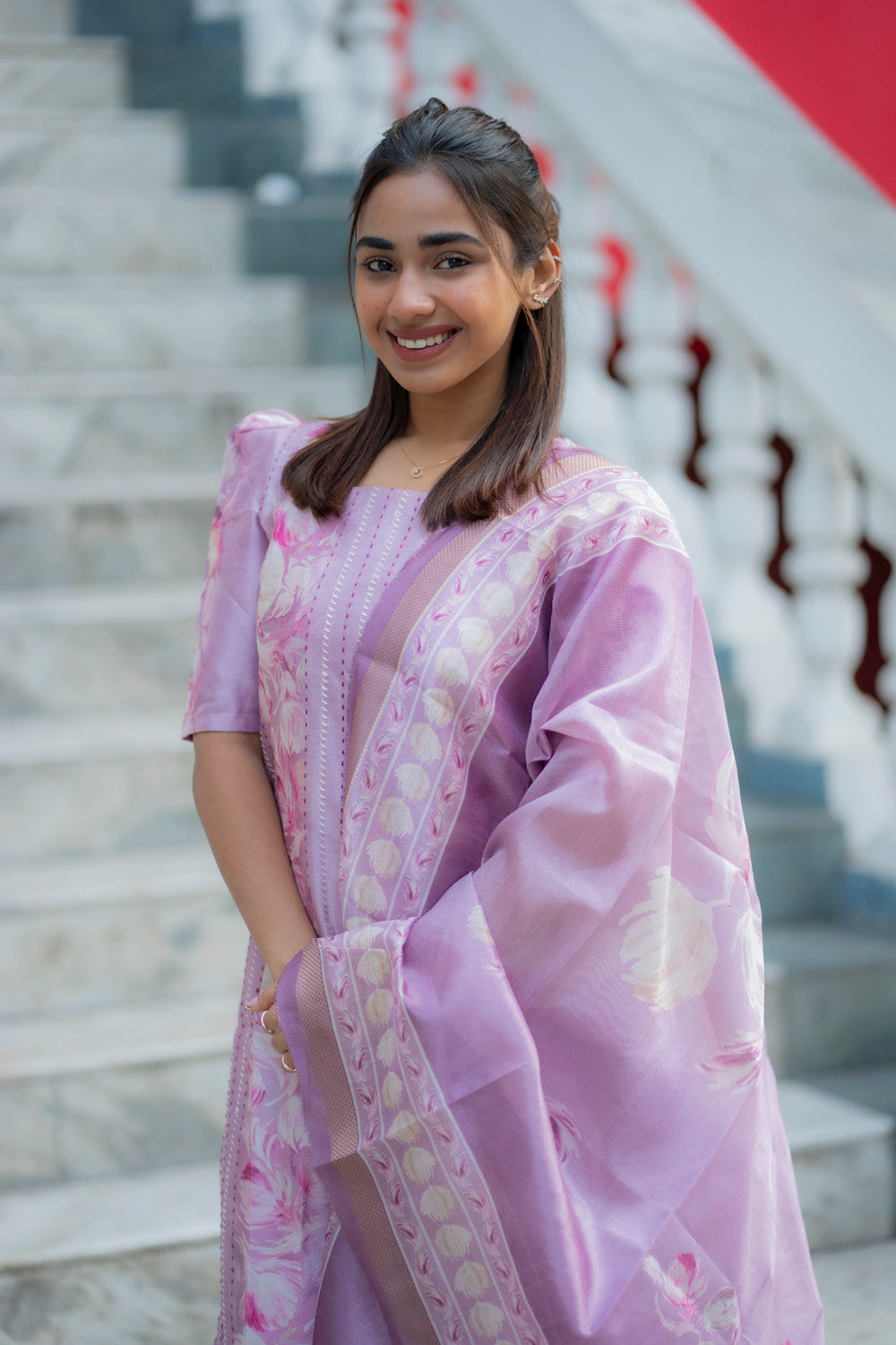 AA235 Lavender Floral Tussar Silk 3 Pc Set