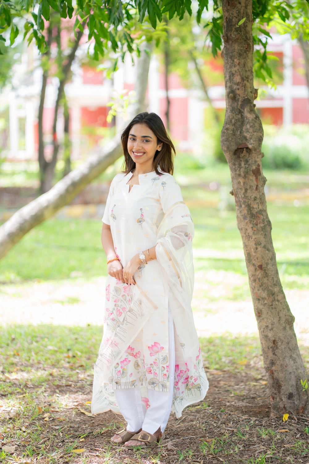 AA295 White Kota Salwar Set with Beautiful Lotus Print & Golden Motifs