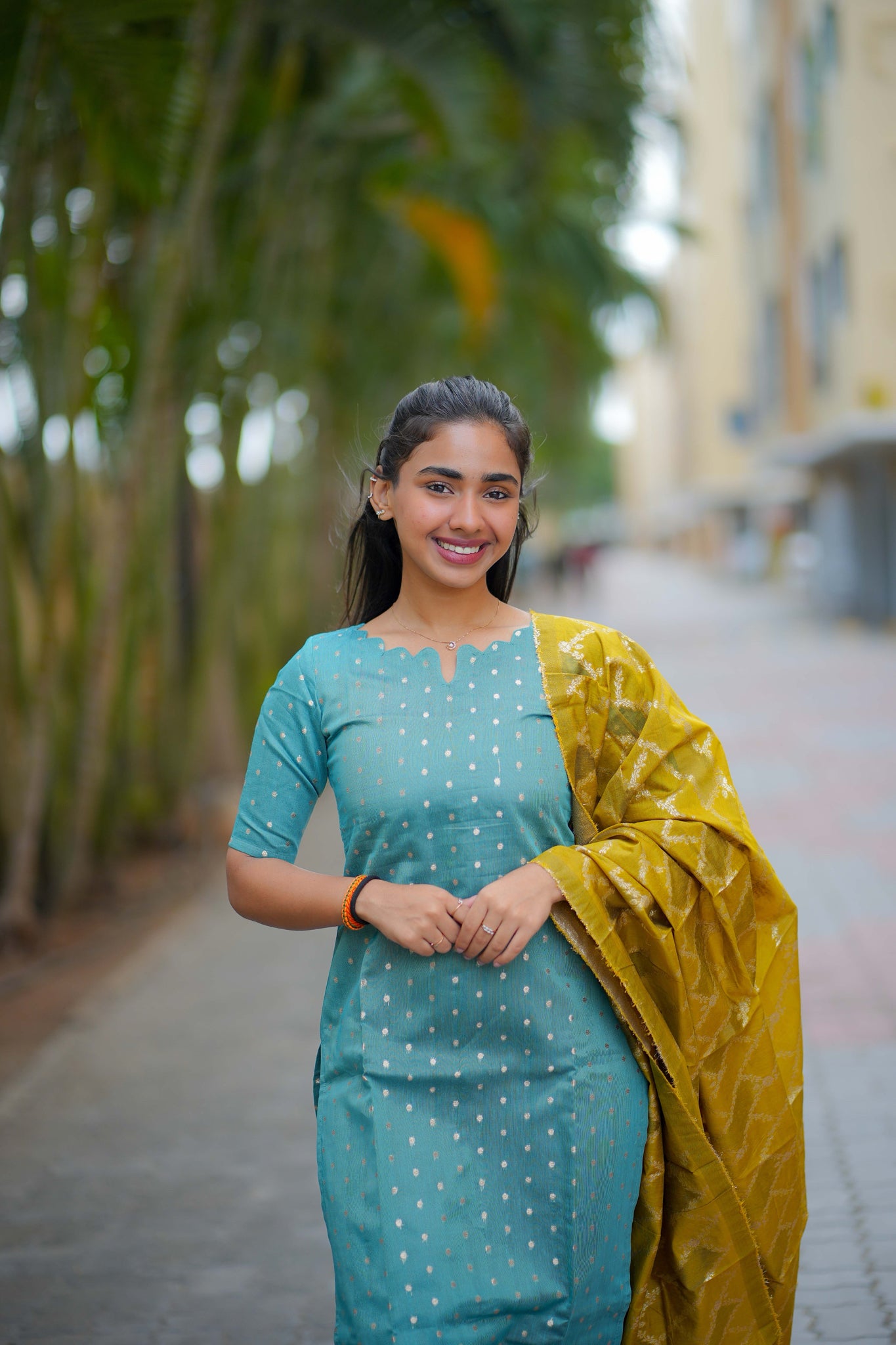 AA118 Blue Raw Silk Kurti With Mustard Brocade Dupatta