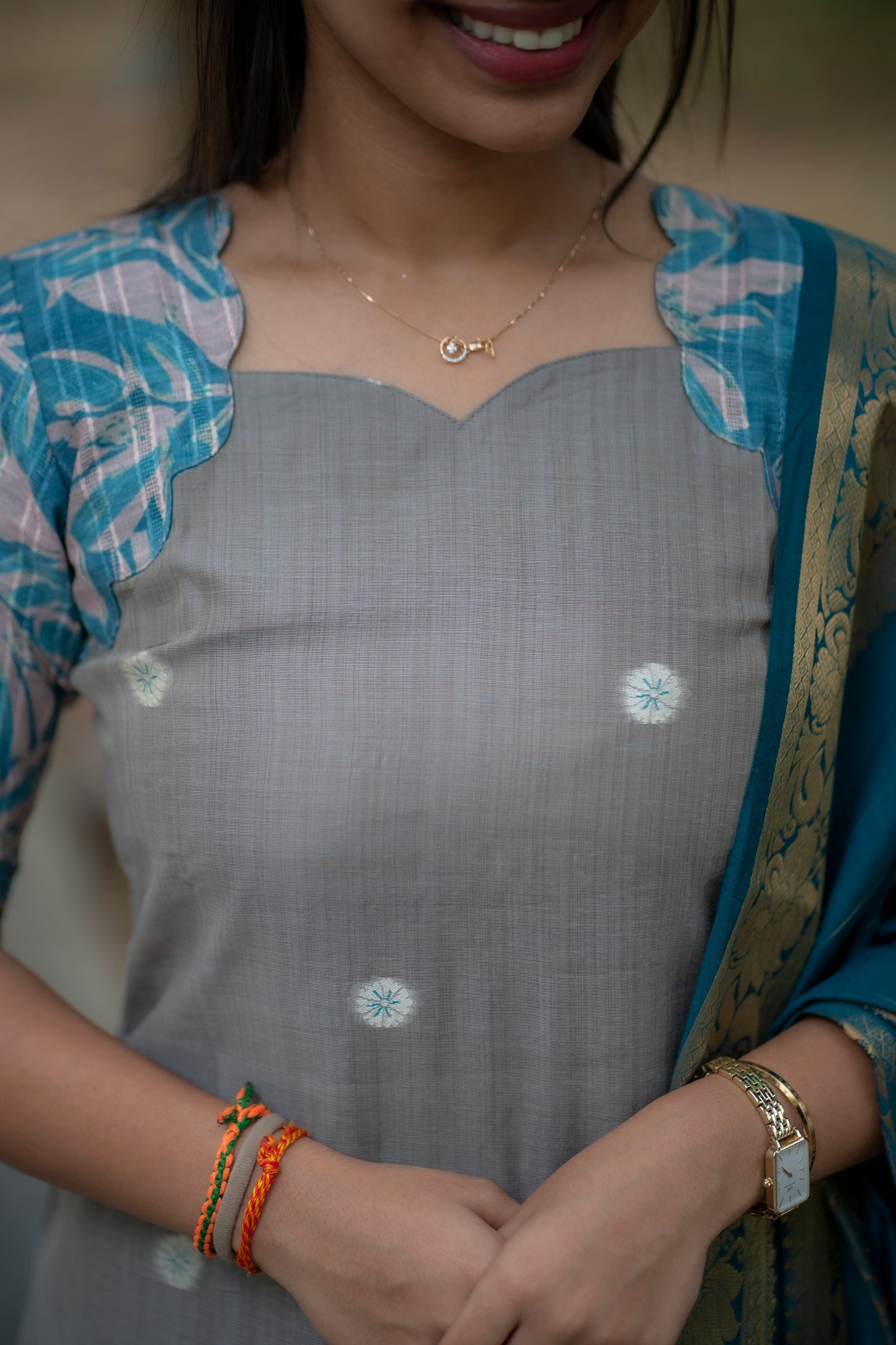 AA072 Grey Raw Silk Top with Peacock Blue Dupatta