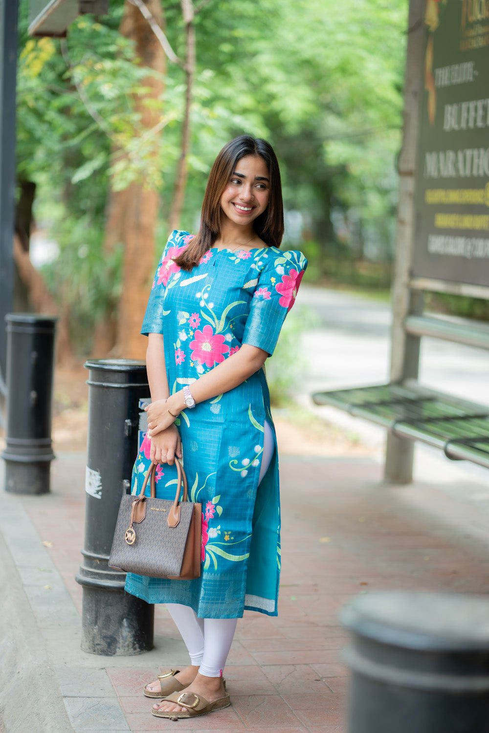 AA276 Peacock Blue Checks With Pink floral Mangalgiri Silk Kurti with Jacquard Border