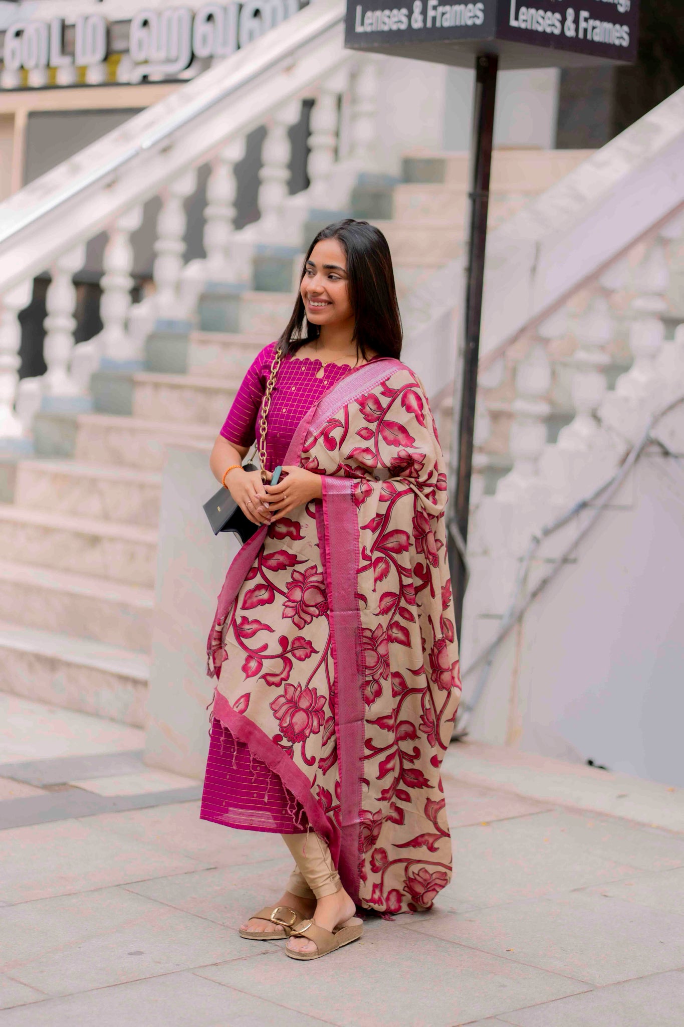 AA198 Dark Pink Raw Silk Kurti with Kalmkari Dupatta