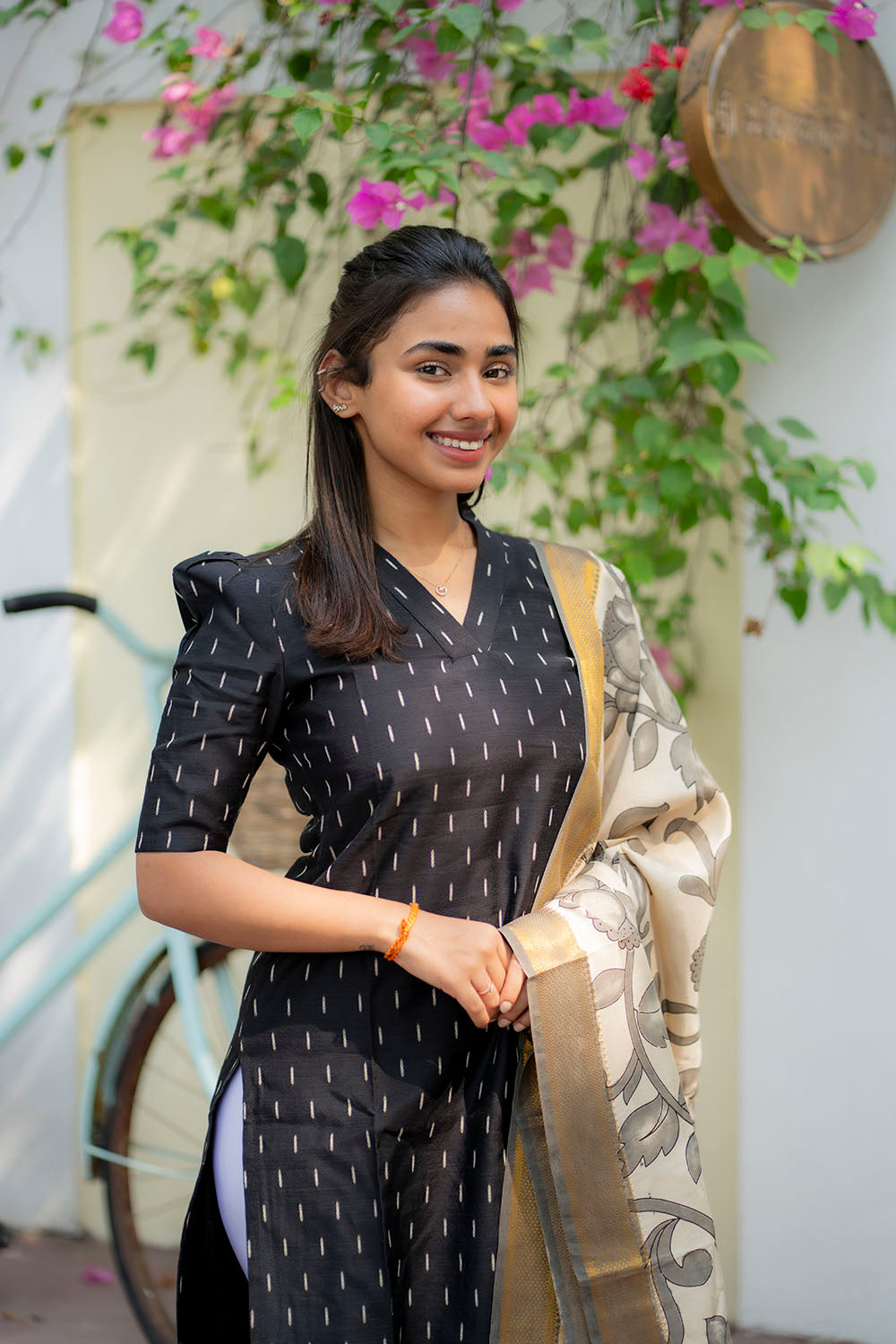 AA205 Black Raw Silk Kurti with Kalmkari Dupatta