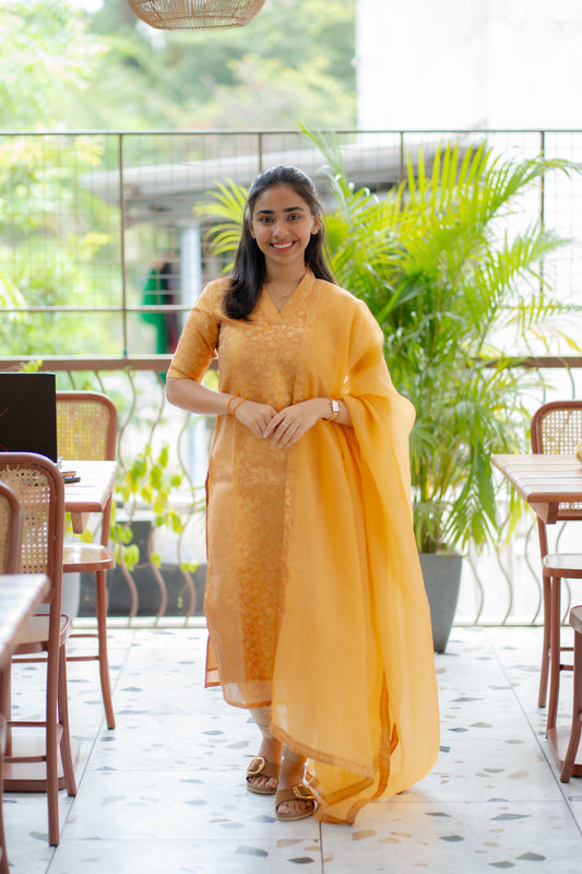 A144 Pastel Orange Floral Brocade Kurti with Crush Silk Dupatta