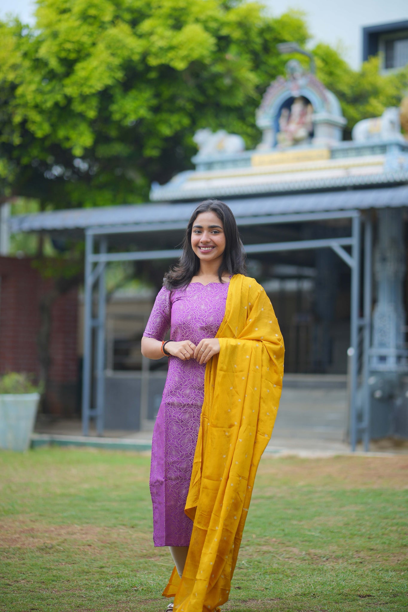 AA115 Purple Art Silk Kurti with Yellow golden Motifs Dupatta