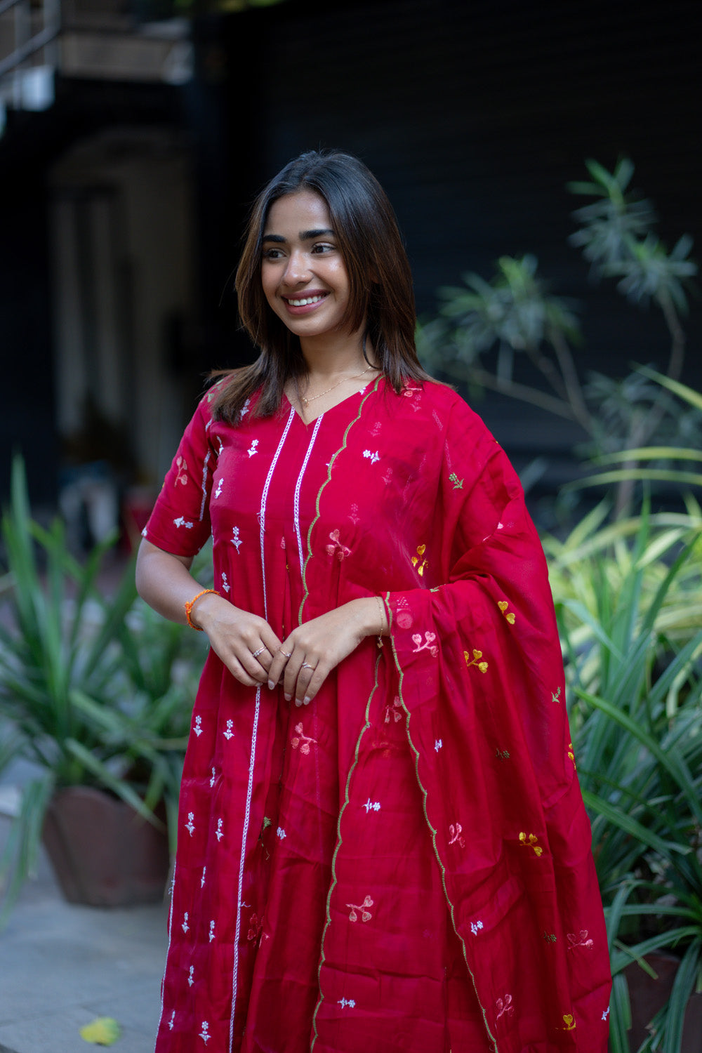 AA267 Dark Red Mul Chanderi Floral Salwar Set