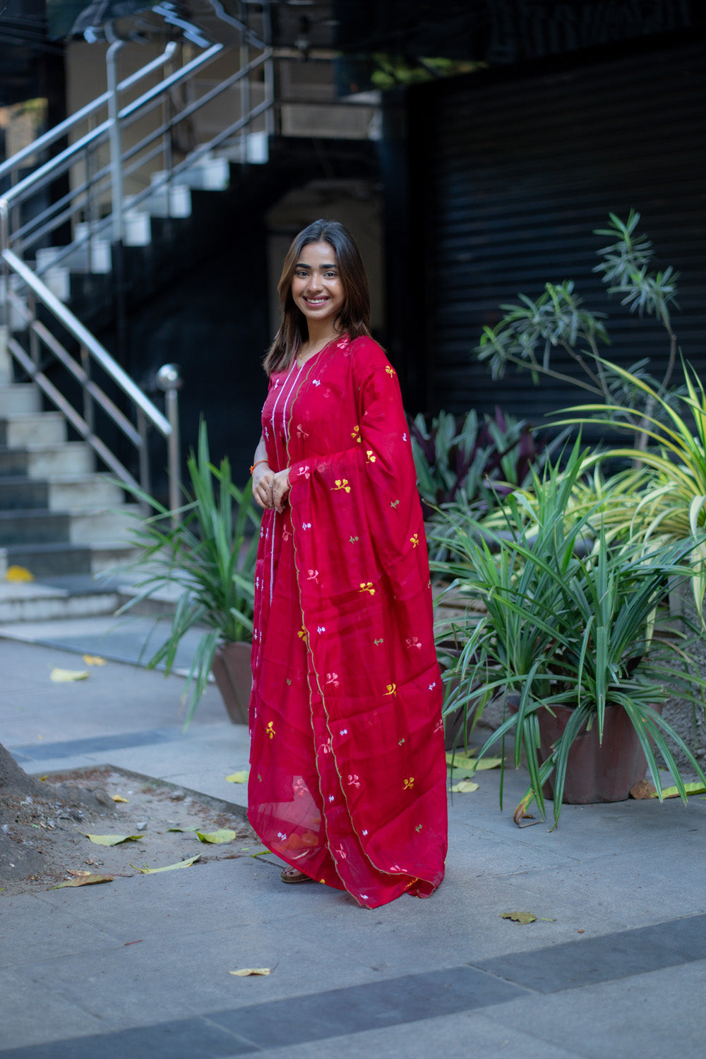 AA267 Dark Red Mul Chanderi Floral Salwar Set