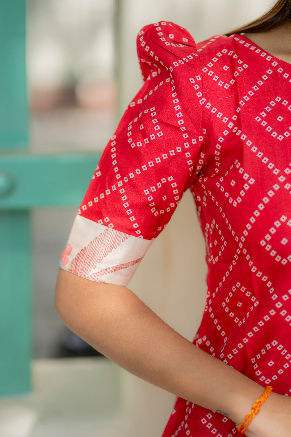AA237 Red Bandhani with Beige Floral Parrot Print Kurti