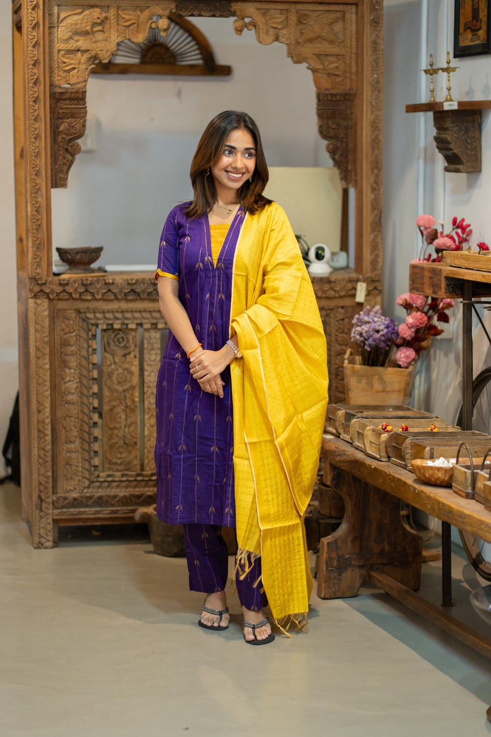 AA309 Violet Parrot Print Raw Silk Kurti & Pant  with Yellow Silk Dupatta (Neck & Sleeve Patched with Yellow Silk Fabric)